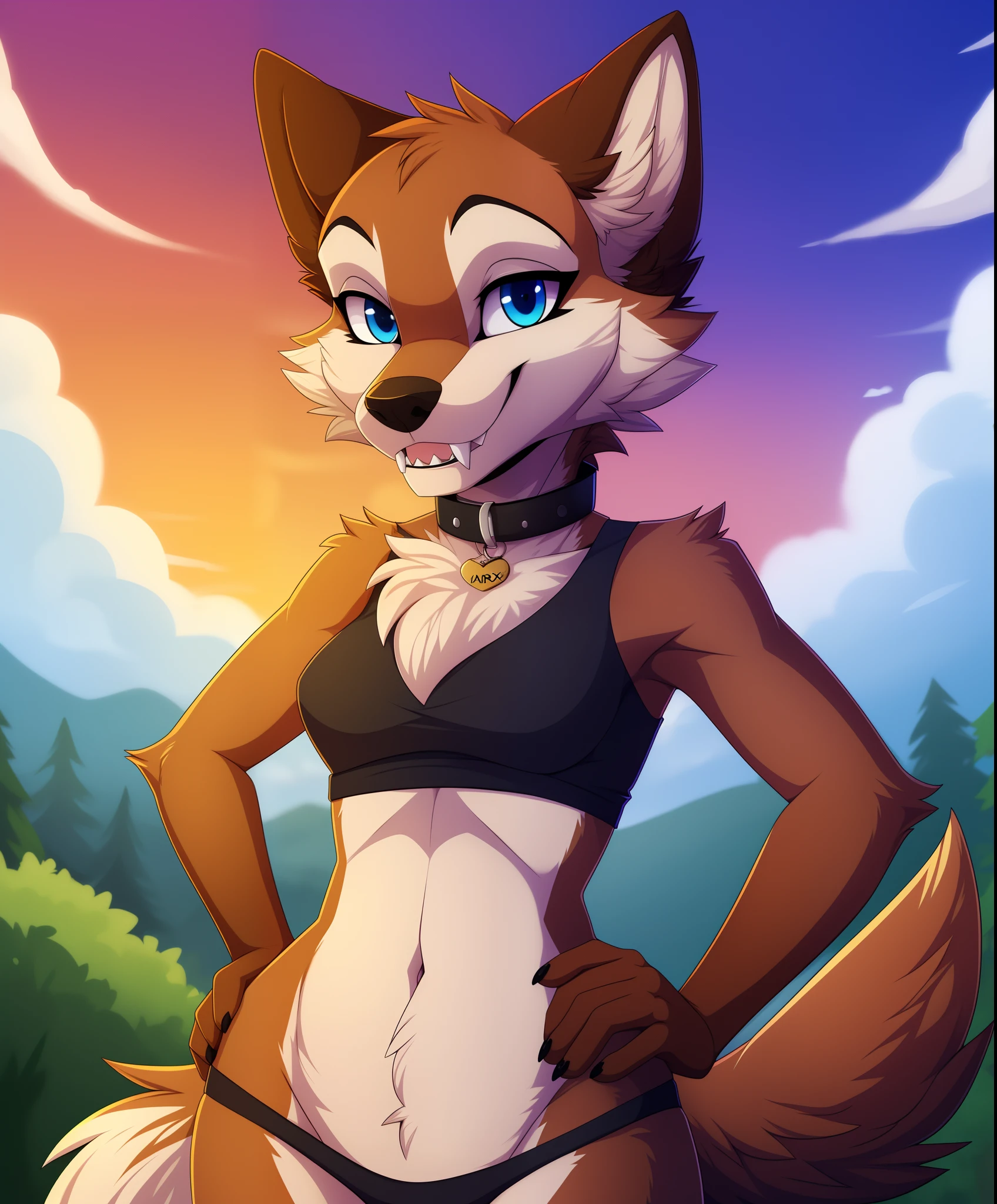 best quality, masterpiece, (xnirox:1.2), 1girl, solo, cute, a wolf girl, light brown body fur, (furry, anthro:1.1), smile, (looking at viewer:1.1), blue eyes, collar, hand on hip, snout, teeth, fangs, two-tone fur, fluffy fur, clouds