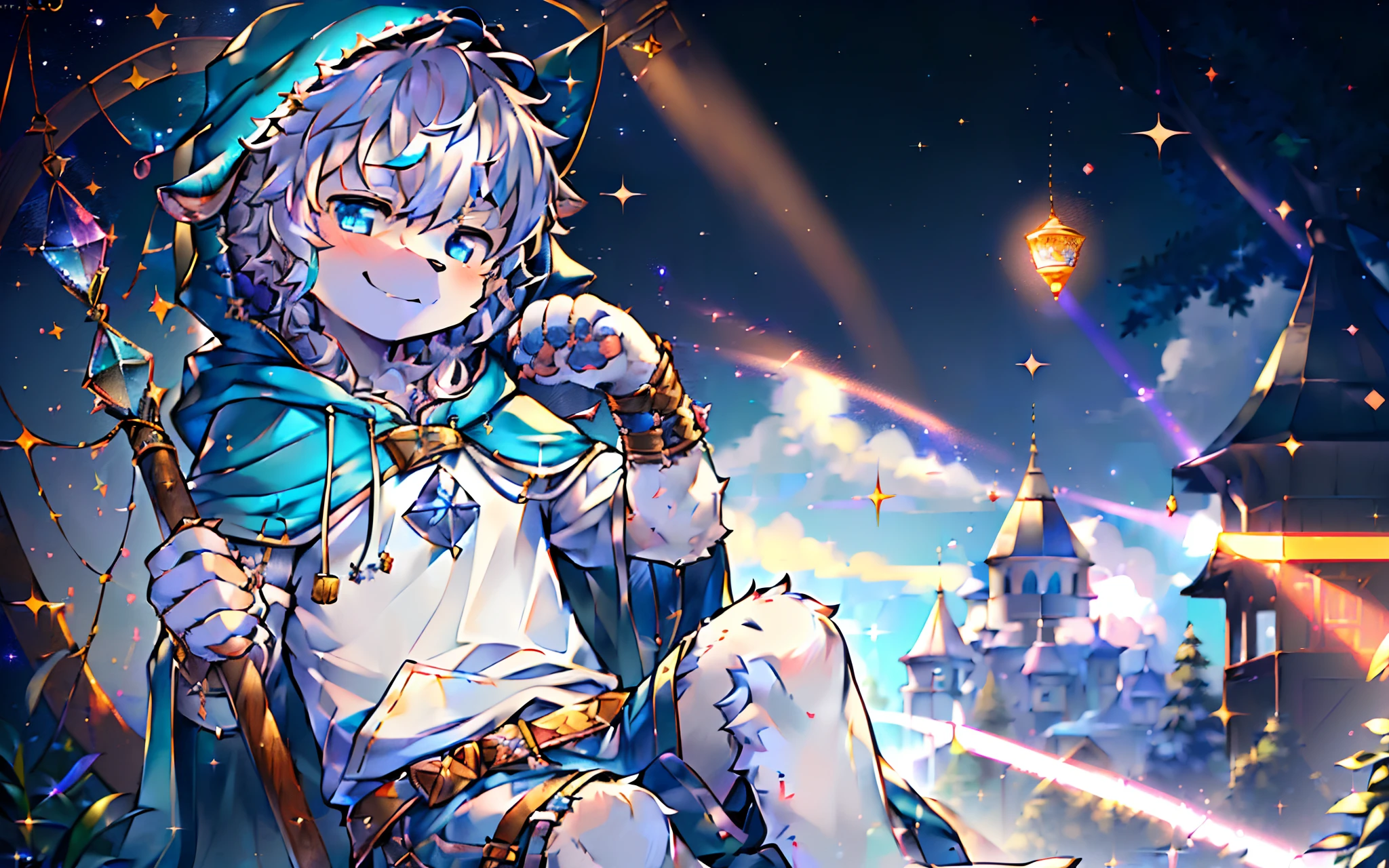 (masterpiece:1.3), (2D:1.0), (anime:1.0), (illustration:1.0), (sharp:1.2),
(hard light:1.0), (shadow:1.0),(reflection, refraction:0.8), (light rays, dappled light, light glare, lens flare, Tyndall effect:1.0),
(clear, shiny:1.0),
(best quality:1.2), (ultra-detailed:1.0), (extremely intricate:1.0),
(blurry foreground,cinematic light,ray tracing:1.1),
(bright_colors,dark_intense_shadows:1.3),
(impasto,outline,colorful:1.3),
(blurry,bloom, overexporsure:1.0),
(warm_light_from_below,glow_white_particles:1.2),
(granblue_fantasy_\(style\):1.1).
(young_male,bishounen,11_years_old:1.5),1boy,cub,anthro,uploaded_on_e621,wolf_boy,furry_kemono,furry_male,(detailed_fluffy_fur,tuft,white_fur,body_fur:1.5),(fluffy_big_tail:1.3),animal_nose,animal_ear_fluff,wolf_ears,(fluffy_wolf_paws,pawpads,animal_hand:1.3),kawaii,cute,fancy,fragile,oil,handsome,solo,(upper_body,cowbow_shot:1.3),male_focus,blue_clothes,(hooded_cloak,hood_up:1.5),male_short_hair,white_hair,blue_eyes,one_eye_closed,bangs,closed_mouth,smile,light_blush,hands_up,holding_star,bottomless,(knees_together_feet_apart,sitting:1.2),looking_at_viewer.
(night,starry_sky,crescent_moon,star_\(sky\),gem,plant, star_\(symbol\),sparkle),outdoors, scenery.