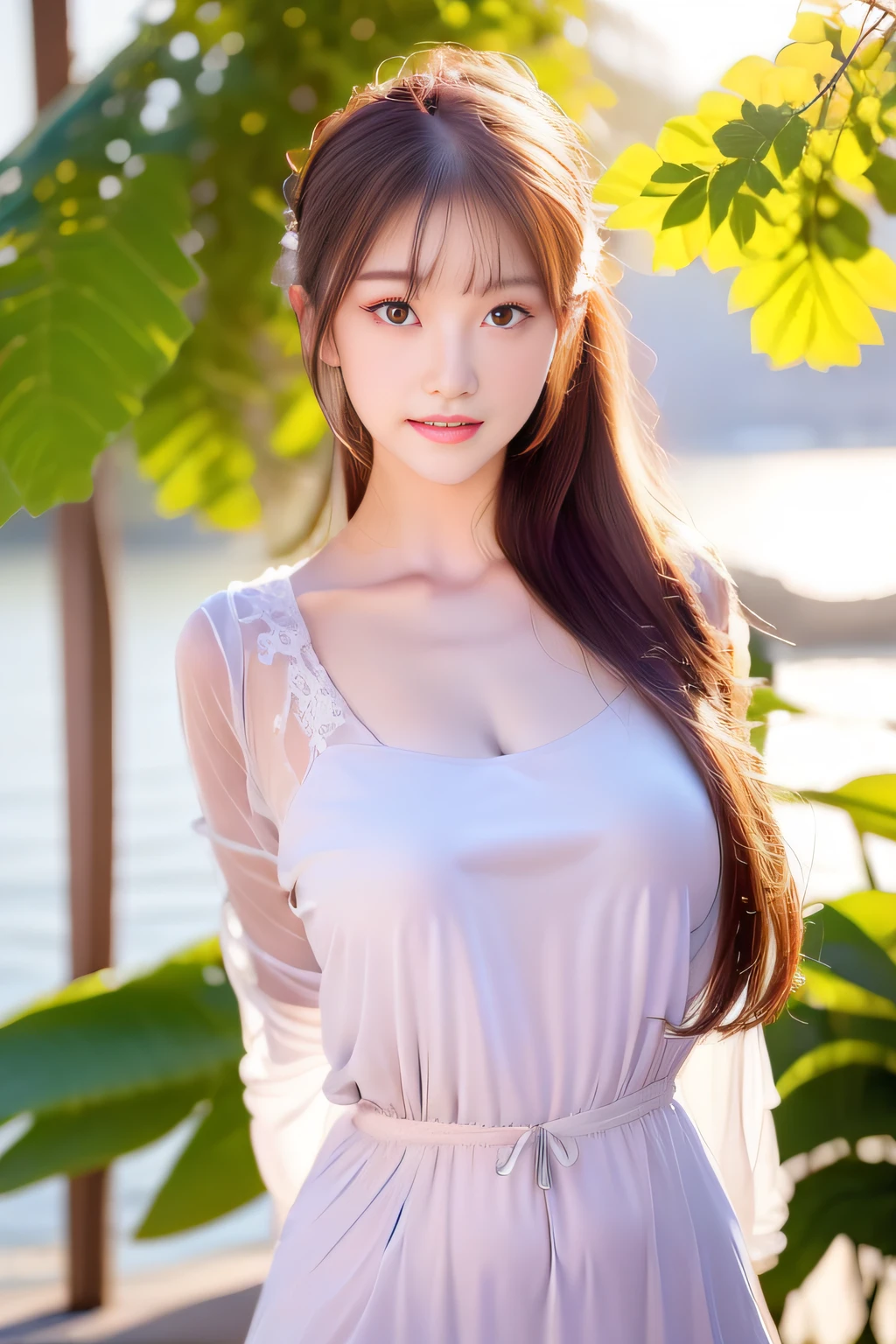 Best quality,tmasterpiece,Kizi,brown hair,eBlue eyes,Duan,and the sun was shining brightly,shiny skins,sunflare,an award winning photograph, Wide angle eco-friendly photo of the beach, Healthy body, closeup cleavage, with dynamism, Photorealistic, Realistic, Dramatic, Dark, Sharp focus, 8K,1girll,20yr old,fully body photo((top-quality,8K,tmasterpiece:1.3)),Sharp focus:1.2,Beautiful Women in Perfect Figure:1.4,The abdomen is slender:1.2,short detailed hair,((Layered Hair Style,:1.2)),Large breasts 1.3,Light purple dress,(distance:1.2),Moist body:1.1,Very delicate face and skin texture,Detailed eyes,二重まぶた, suntanned skin,Raised sexy,marron marron,Real skin,Real eyebrows,Blue eyeballs,perfect proportion of body,facing away from the audience,Twist back,Exercise posture,looking at viewert,Gaze towards the viewer
