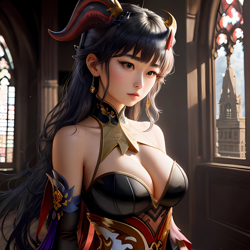 ((masterpiece, best quality)), close-up, straight on, face focus,((1 girl)), {long hair}, ((big breasts)), standing,  hair ornamen, gloves, (incredible absurdity), gilded frame, (detailed light),lighting, colorful, layered backgrounds, (gothic architecture), pond, (gorgeous background), dynamic angle, delicate background, (shine),ganyu \(genshin impact\), twin horn, bare shoulder, bodysuit