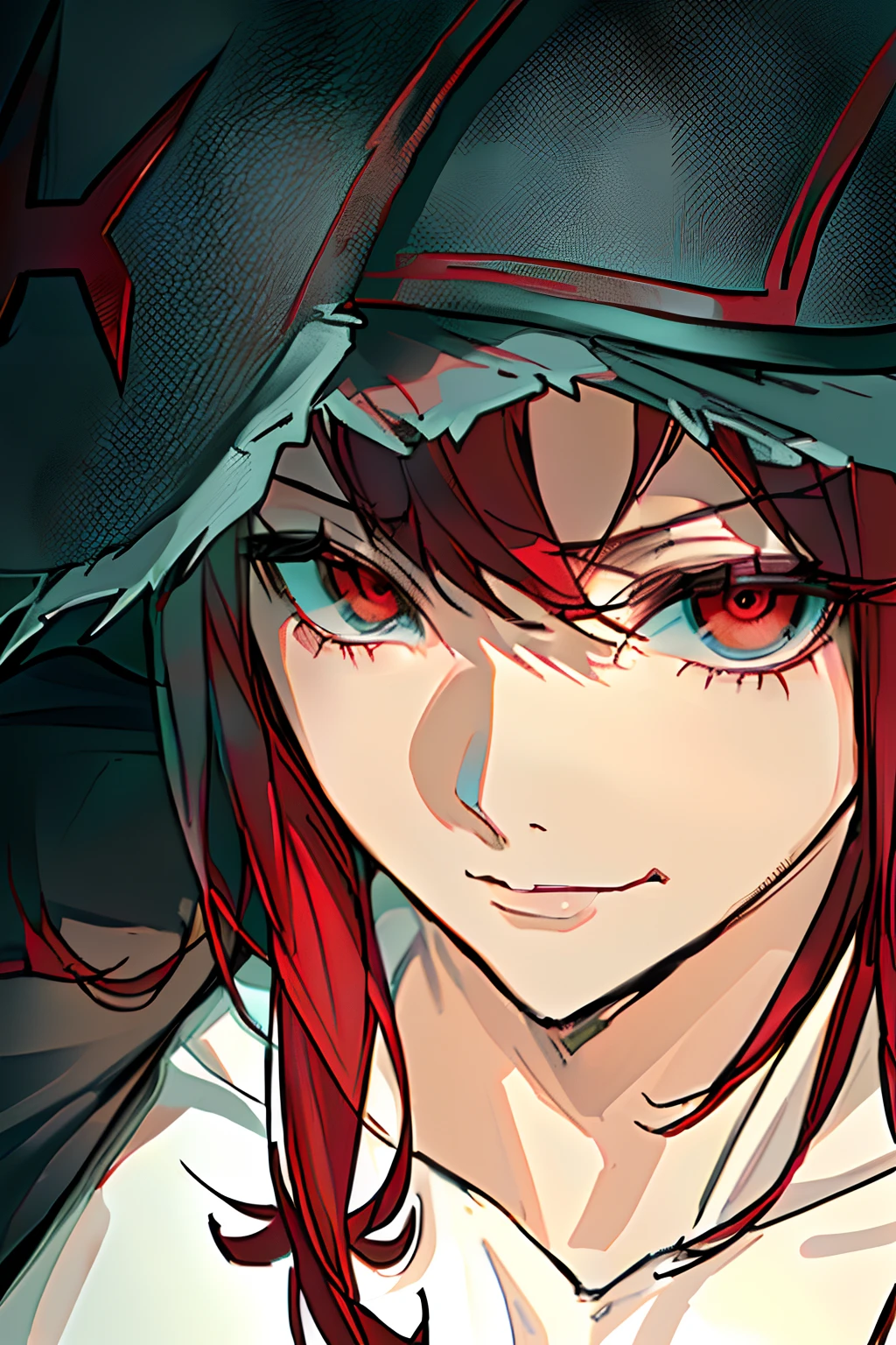 Anime girl with red hair and black hat, kurisu makise steins gate anime, close up of a young anime girl, kurisu makise, medium close up shot, made with anime painter studio, Also, with glowing red eyes, red eyes glowing, Anime style. 8K, roguish smirk，Black cape