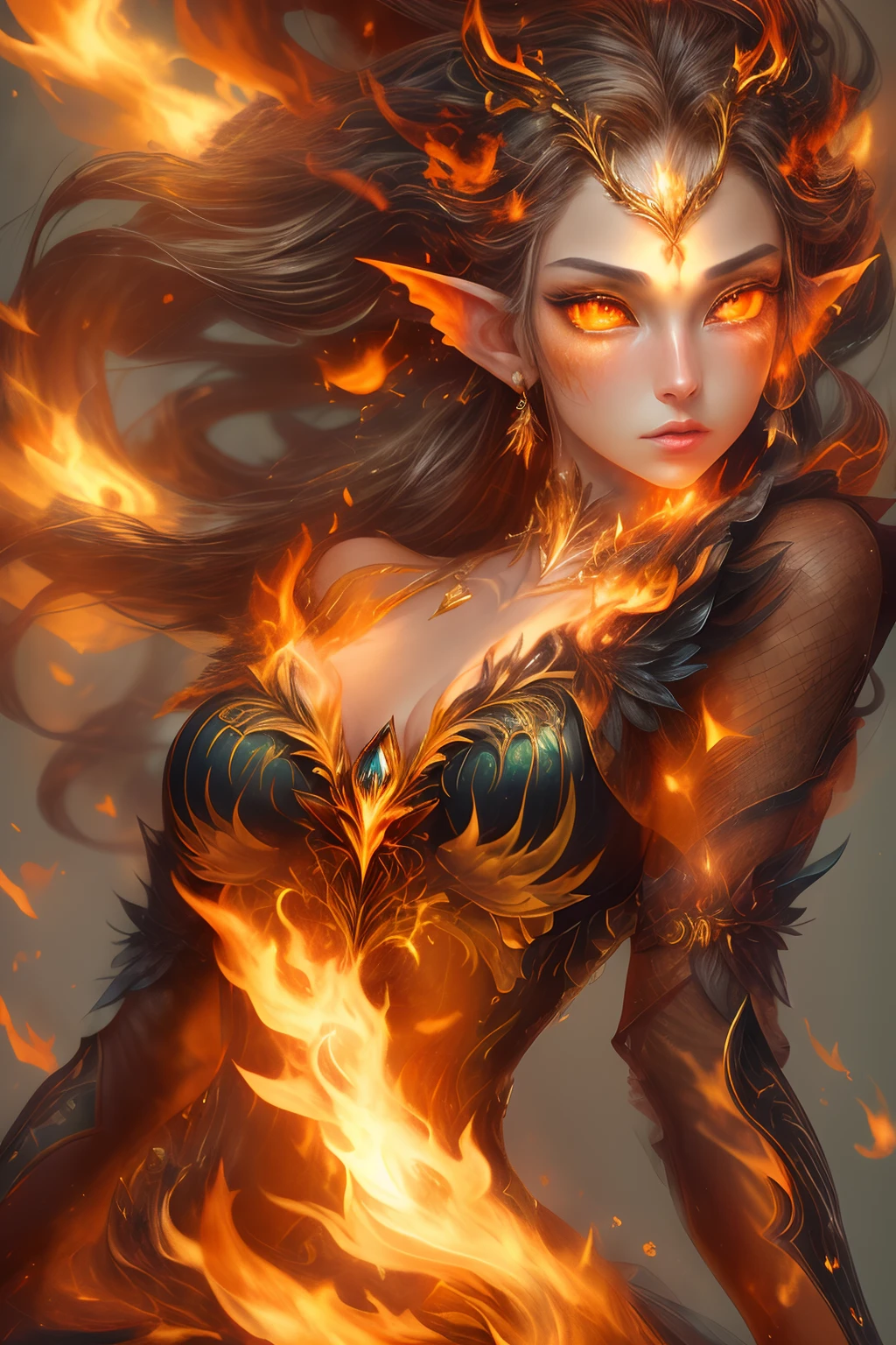 This (realistic fantasy) art contains embers, real flames, real heat, and realistic fire. Generate a masterpiece artwork of a petite female fire druid with large (((orange and gold))) eyes. The fire druid is awe-inspiring with beautiful ((realistic fiery eyes)) alight with confidence and power. Her features are elegant and well defined, with ((soft)) and (((puffy))) and (((smooth))) lips, elven bone structure, and realistic shading. Her eyes are important and should be the focal point of this artwork, with ((extremely realistic details, macro details, and shimmer.)) She is wearing a billowing and glittering gown ((made of realistic flames)) and jewels that glimmer in the fire light. Wisps of fire and smoke line the intricate bodice of the dress. Include bumps, stones, fiery iridescence, glowing embers, silk and satin and leather, an interesting background, and heavy fantasy elements. Camera: Utilize dynamic composition techniques to enhance the realistic flames.