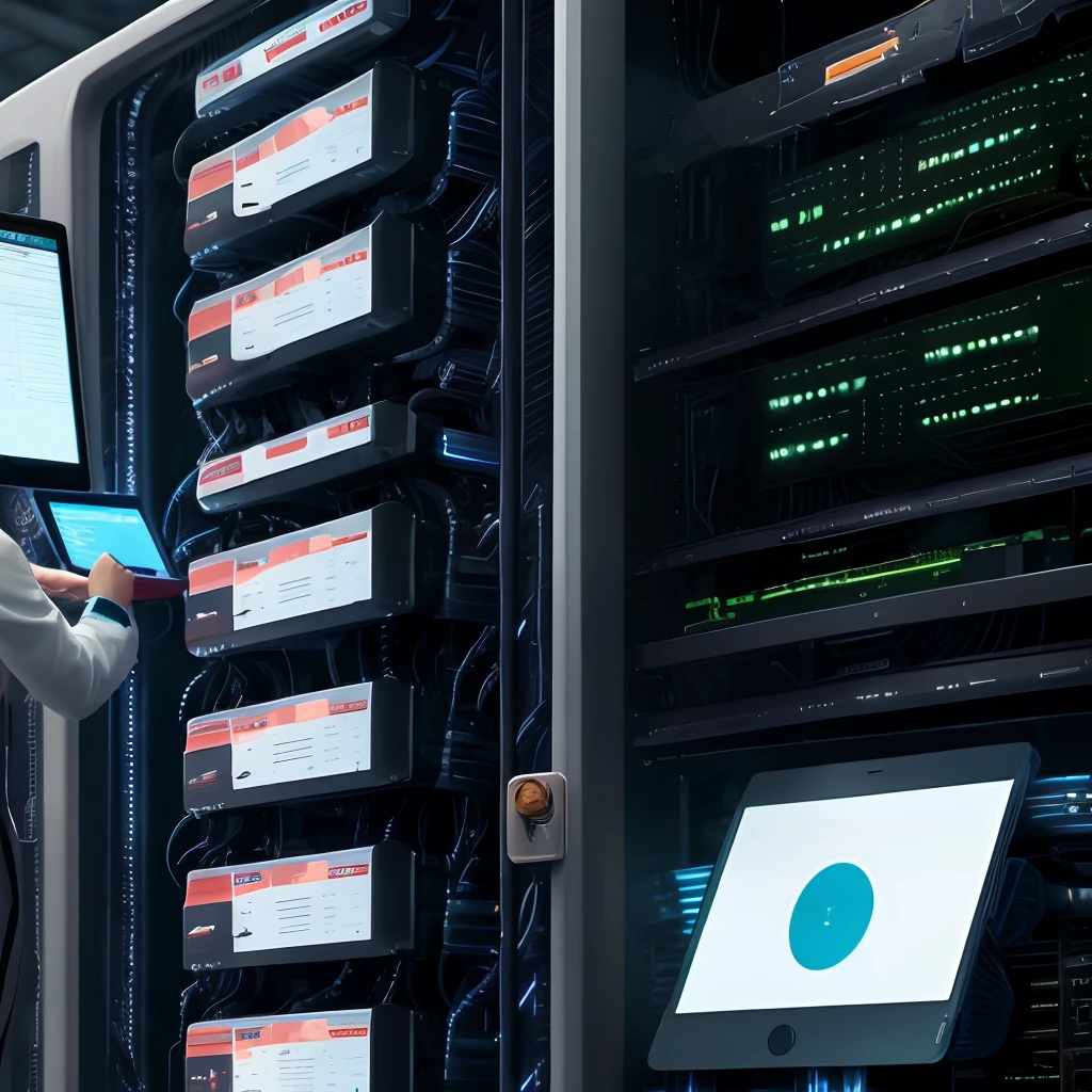 A machine operator facing a large server thinking how can there be so much data there on that machine. O ano e 2030.