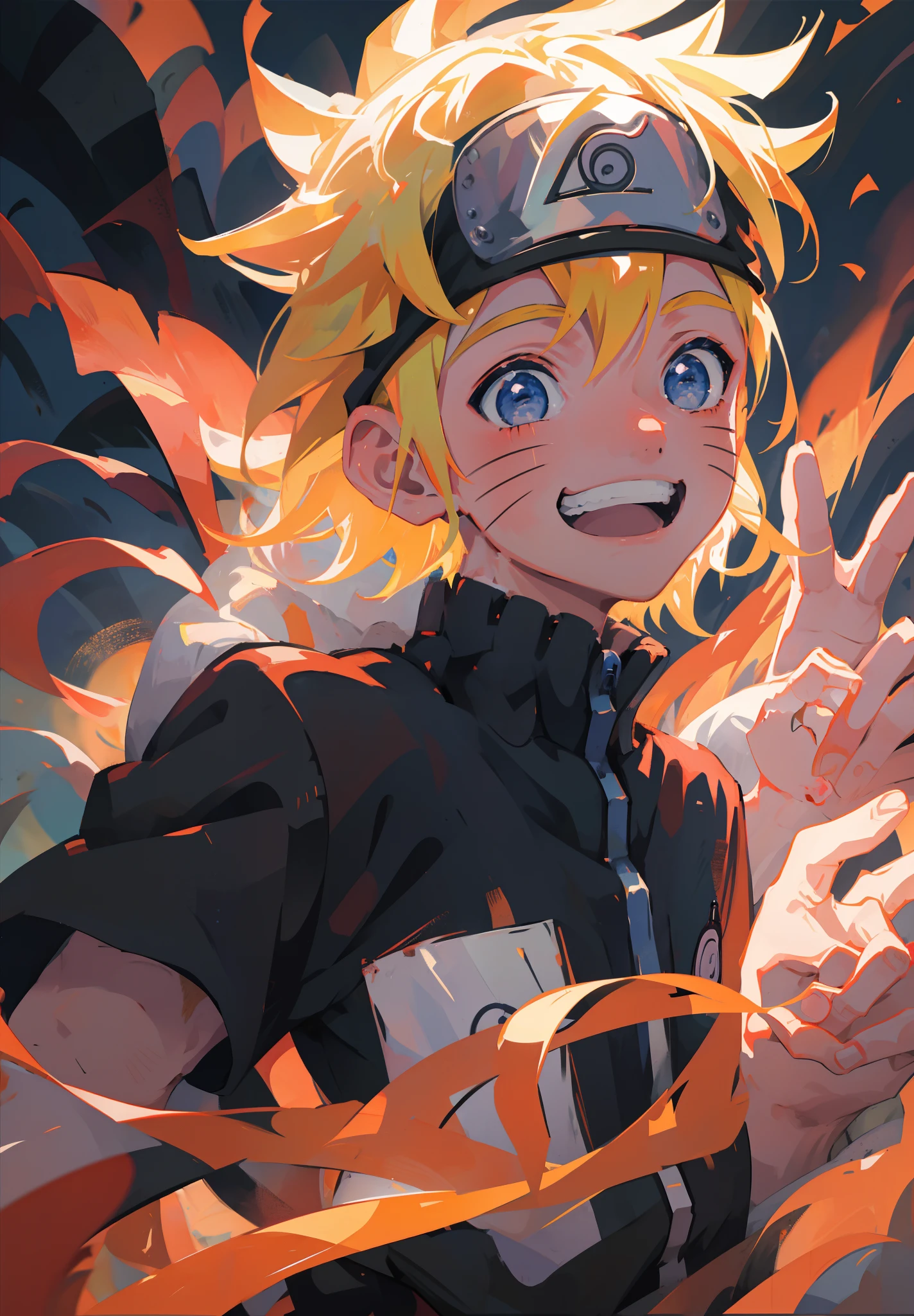 uzumaki naruto, 1boy,  masterpiece, best quality,upper body,portrait, looking at viewer,close up,  white shirt, sunshine, novel illustration,blurry foreground, fire flames (smiling)