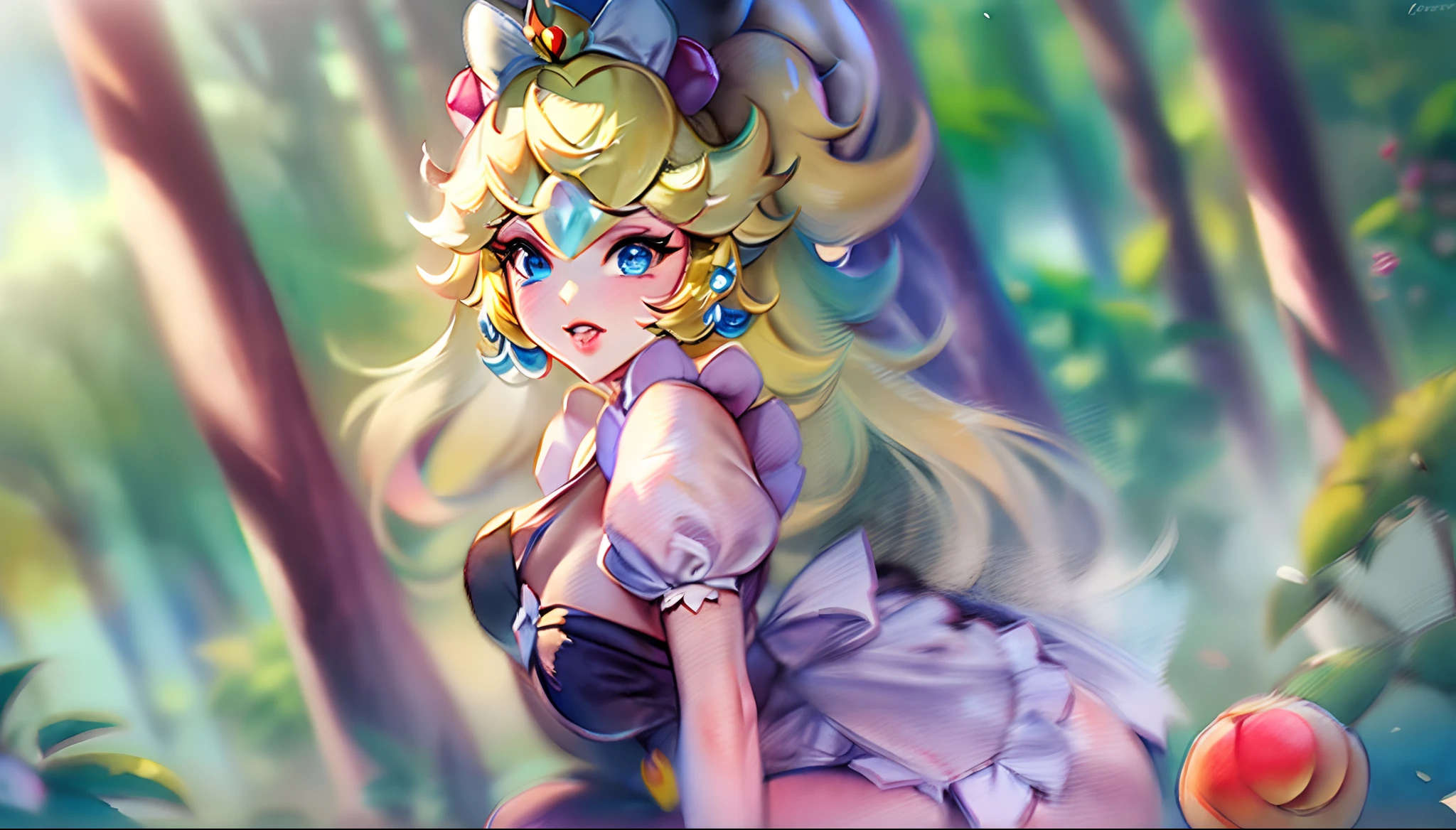 (Princess Peach:1.5),(sexy maid:1.2),(magical forest:1.2),(cutesexyrobutts:1.2),(RossDraw 2.5:1.1),(KDA:1.1),(WLOP:1.1),(Sakimichan:1.1),(watercolor:1.2)
