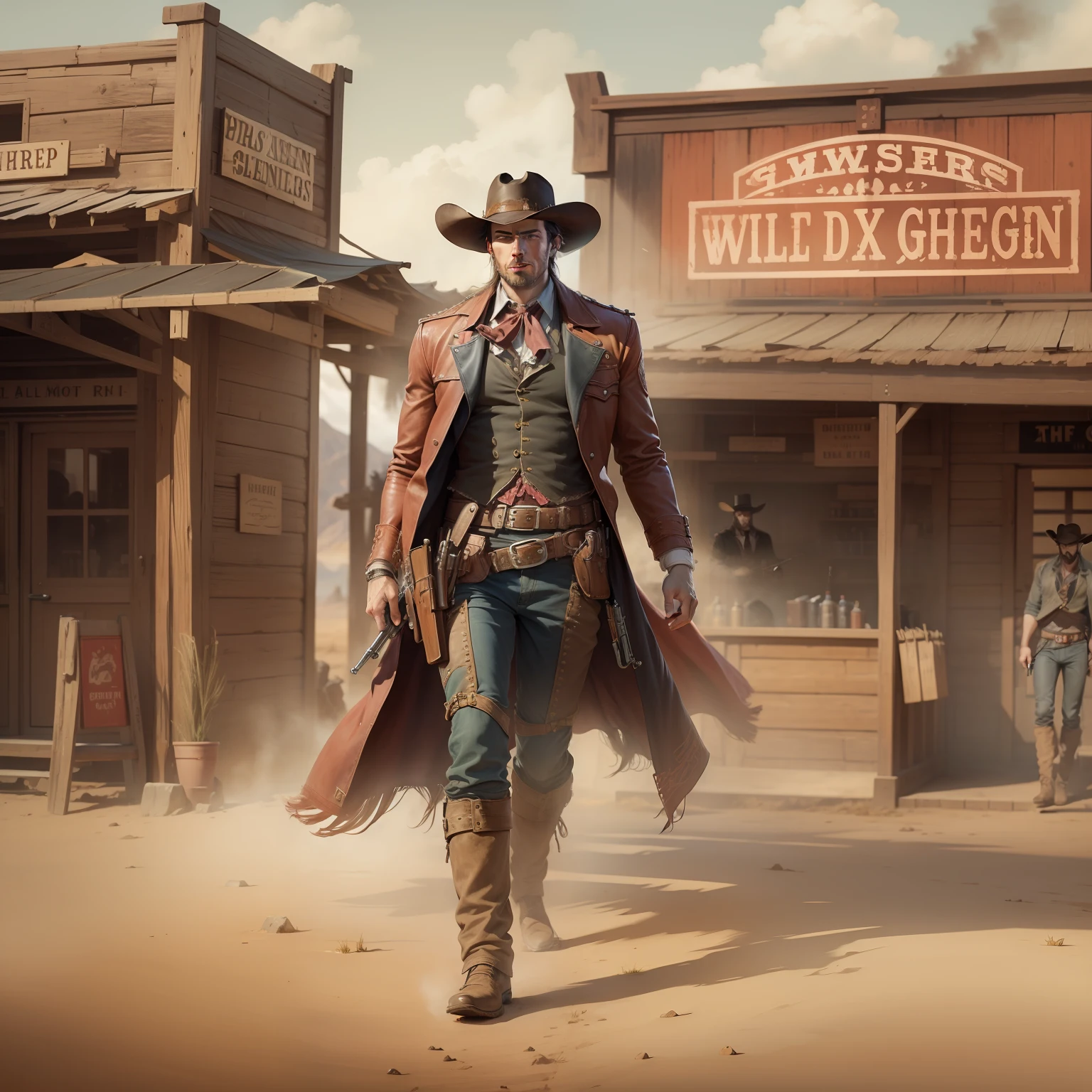 A gunslinger from wild west exiting from a saloon