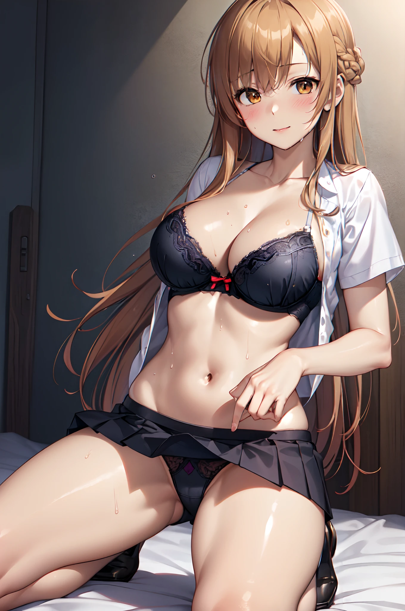 Official art、(Highly detailed CG Unity 8K:1.5),Perfect litthing,colourfull,Bright Front face Illuminating,(Skindentation),
(Master Pieces:1.5), (best_quality:1.3), Super Hi-Vision, super detailing,upper view,Seductive smile,(Kneeling:1.3),(from a_Side:1.5),(White ribbon on head:1.5),(Lying in bed:1.3),
Photo Shot,hight resolution,(absurderes:1.2),Kodak Portra 400,film grains,Background blur,(lensflare:1.2),(vivd colour:1.2),
(cowboys_shot:1.4),(dark orange hair:1.5),(dark brown hair:1.5),during daytime,Sunsight,Face up,(Asuna),(Asuna Yuki),(Black underwear:1.2),(Bra with red ribbon:1.3),
(Orange Eyes:1.2),Parted bangs beautiful breasts,length hair,hugetits,(Solo:1.5),on the beds,(neat figure:1.5),
(a 1 girl:1.5),18year old,High school students,Beautiful Finger、beautiful long leg、Beautiful body,Beautiful nose,Beautiful character design,Perfect eyes,face perfect,a navel,Beautiful hair,Sweat,Animated,cleavage,bikini of, Bra, Panties, (Wet clothes,Bare legs,Exquisite cloth,beautifully detailed eyes), (Portrait),(School uniform, Blazer,Cardigan,Jacket,Short sleeves,( White shirt:1.5),
(lovly,Large breasts:1.5),(Beautiful face:1.5),(narrowwaist:1.1),delicate patterns,intricate detailes,A seductive anime girl,Beautiful fece,Beautiful charming anime ,Smooth Anime CG Art,Beautiful anime girl,The best girls in anime,oppai,Ecchi anime style,lascivious,Exquisite cloth,black brassiere,Highly detailed bra,Ren Hao,Lace-trimmed legwear,delicate patterns,intricate detailes,red blush,shinny skin,oestrus,(Black stockings:1.3),(Style image of woman in black underwear:1.5),Small curved loliutiful alluring anime teen,phoalistic anime girl render,beautiful alluring anime woman,Soft lighting,Perfect body with realistic shading、
