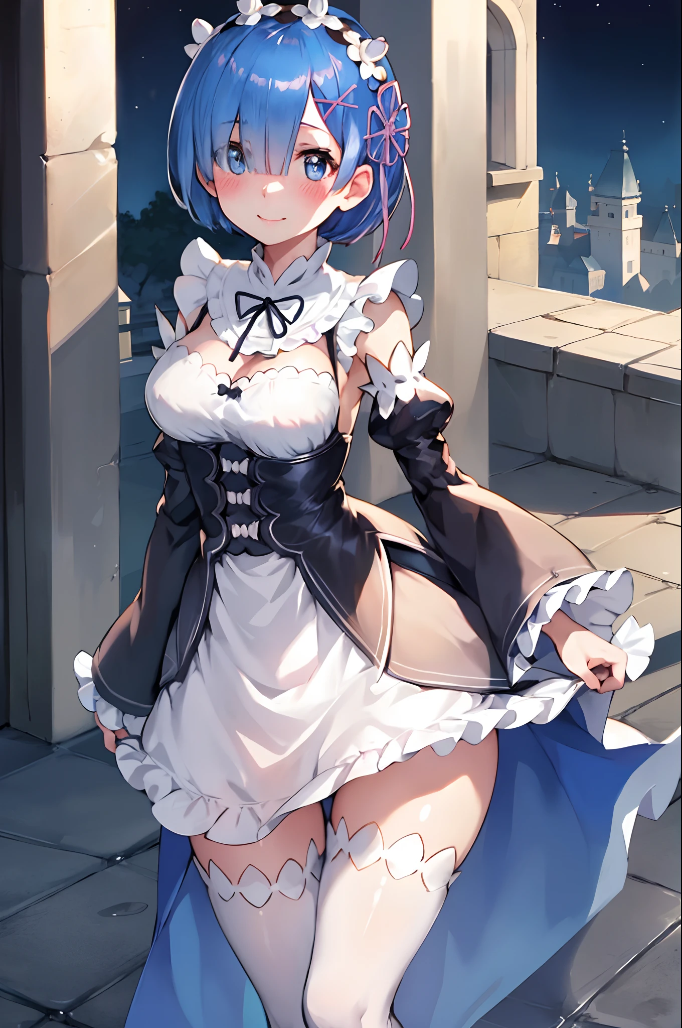 blue hair, rem \(re:zero\), [smile], blush, castle,, masterpiece, best quality, perfect lighting, 1girl, skirt, medium breasts,