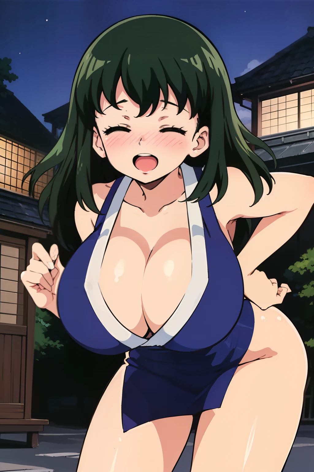 Suma_(Demon_Slayer), best quality, ultra-detailed, high resolution, (cleavage, huge breasts, sagging breasts:1.3), black hair, blue japanese clothes, revealing clothes, (1990s \(style\),retro artstyle,1990s anime cels style), japan, traditional, outdoors, looking at viewer, sideboob, (nose blush:1.2), smile, closed eyes, open mouth, ;D, from front, night, leaning forward