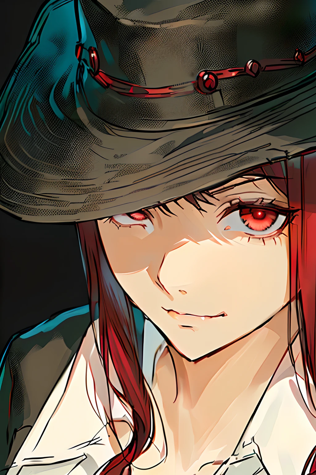 Anime girl with red hair and black hat, kurisu makise steins gate anime, close up of a young anime girl, kurisu makise, medium close up shot, made with anime painter studio, Also, with glowing red eyes, red eyes glowing, Anime style. 8K, roguish smirk，Black cowboy hat