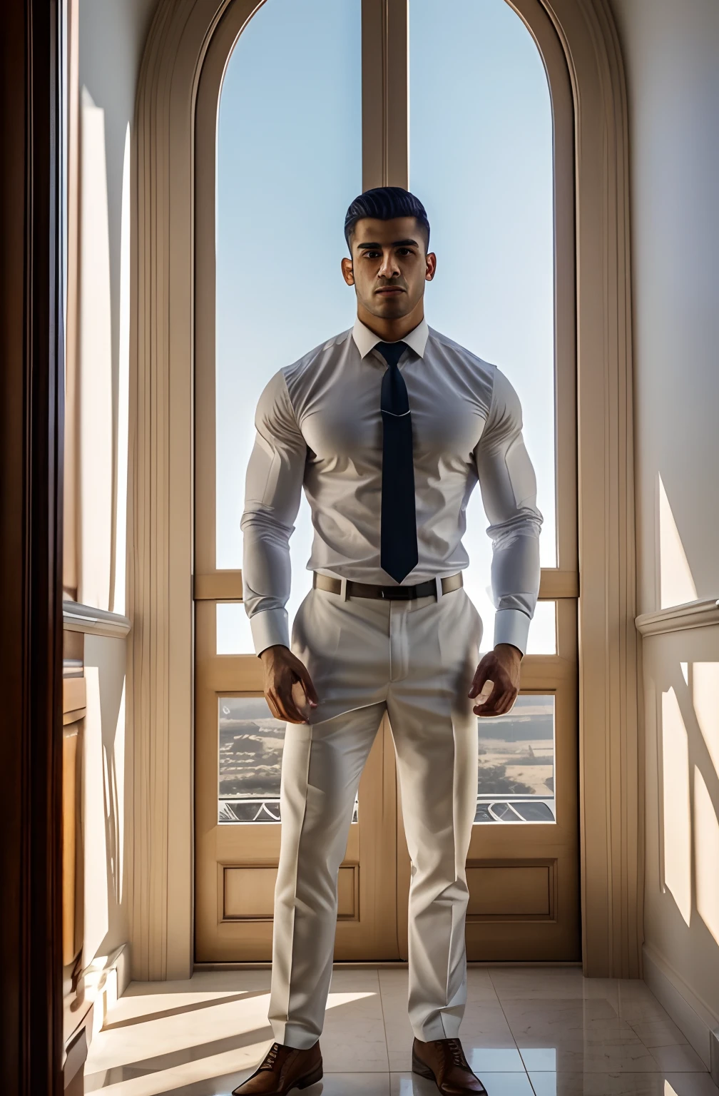 1man, a 20-year-old middle eastern muscular man, wearing a long-sleeved white shirt and tie, hands in trouser pockets, body structure correct, standing in front of a window, soft lighting, masterpiece, best quality, 8k ultra HD, DSLR camera, Midjourney and greg rutkowski's Fujifilm XT3 realistic painting art close up no background