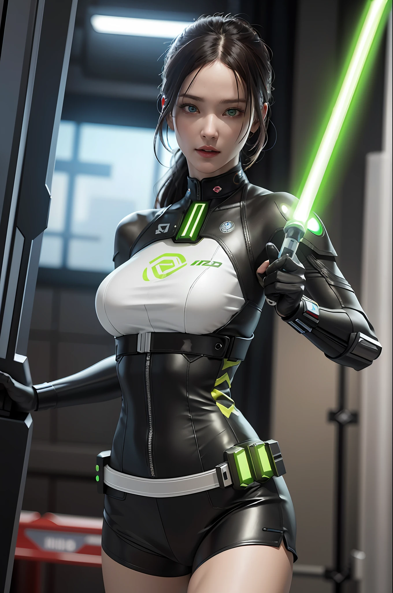 ((Best quality)), ((Masterpiece)), (Details:1.4), 3D, images of beautiful cyberpunk women,hdr (HighDynamicRange),Ray tracing,NVIDIA RTX,Super resolution,Unreal 5,Subsurface scattering,PBR Texture,Post-processing,Female Jedi,,(holding light saber, attack pose)) 、