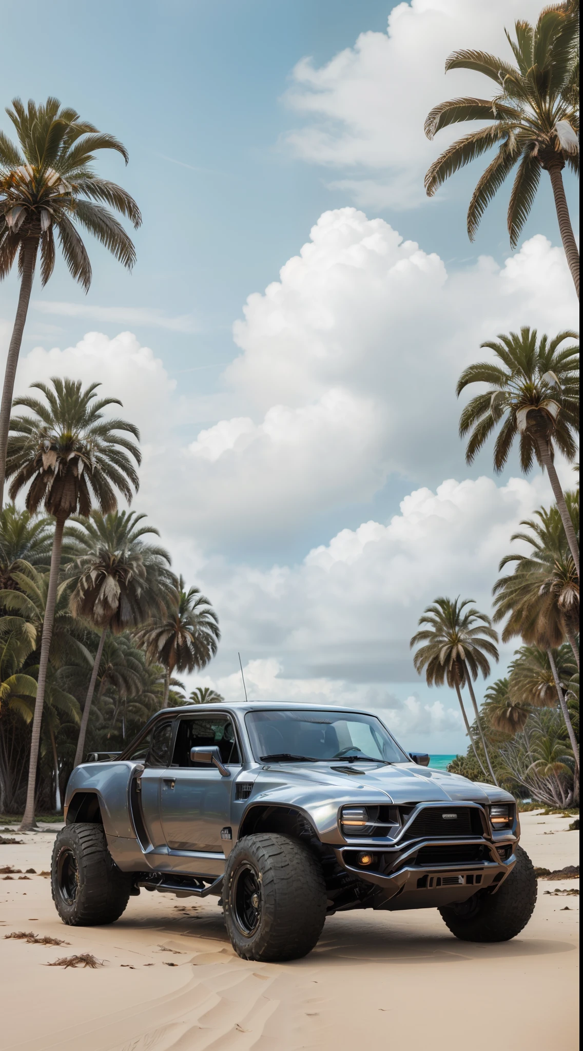 Gorgeously rendered 4k high-definition hyper-realistic photograph of a (bright metallic chrome haloWarthog) on a tropical island beach, ((palm trees)), (((ocean waves in background))), HDR, sharp focus,