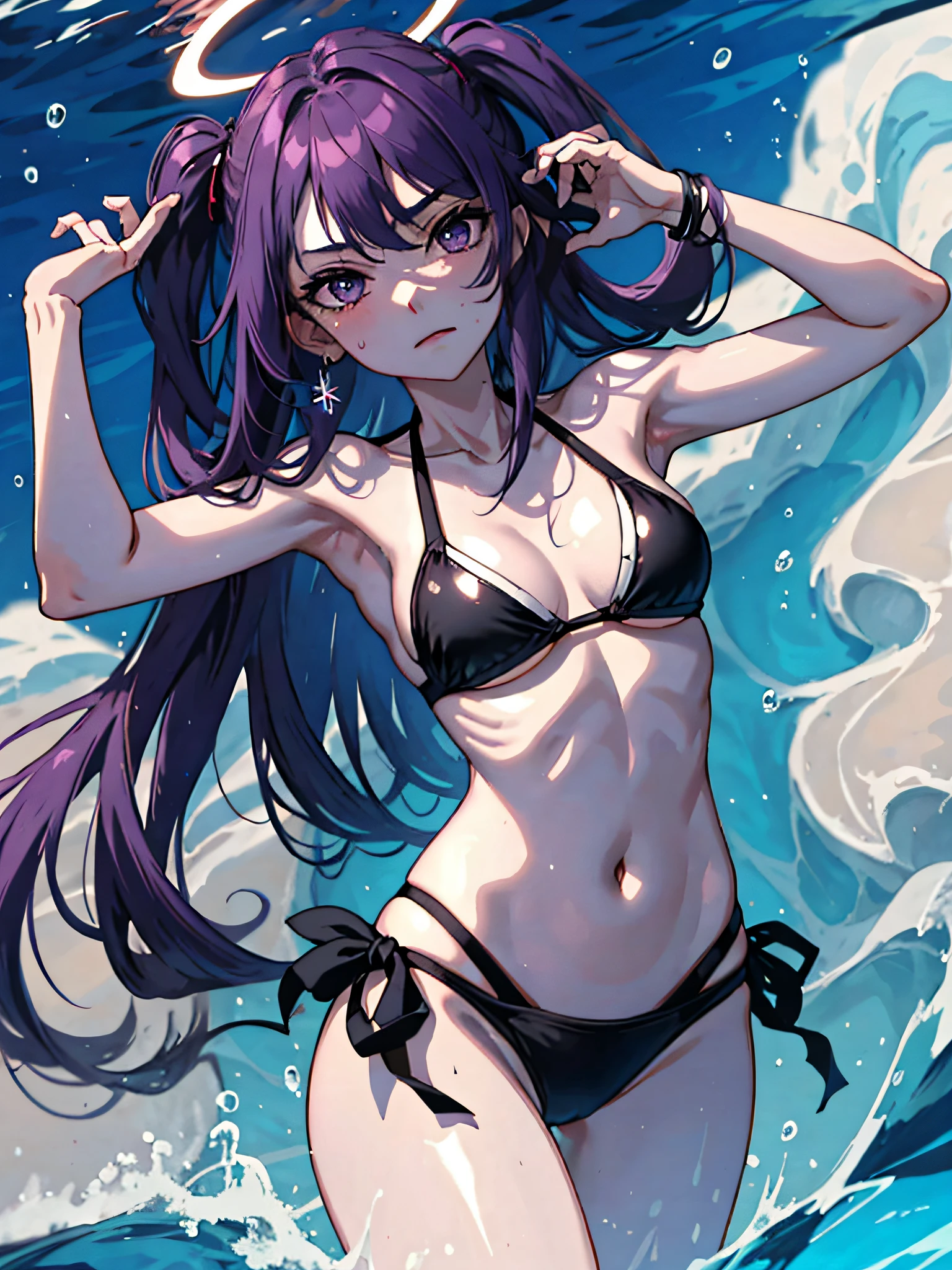 1girl, arms under breasts, bangs, bare shoulders, bikini, black bikini, blush, small breasts, cleavage, closed mouth, collarbone, cowboy shot, crossed arms, halo, long hair, looking at viewer, medium breasts, navel, purple eyes, purple hair, side-tie bikini bottom, outdoors, beach , solo, stomach, string bikini, sweatdrop, swimsuit, thighs, two side up, white background, yuuka \(blue archive\), masterpiece, highres, (best quality:1.2)