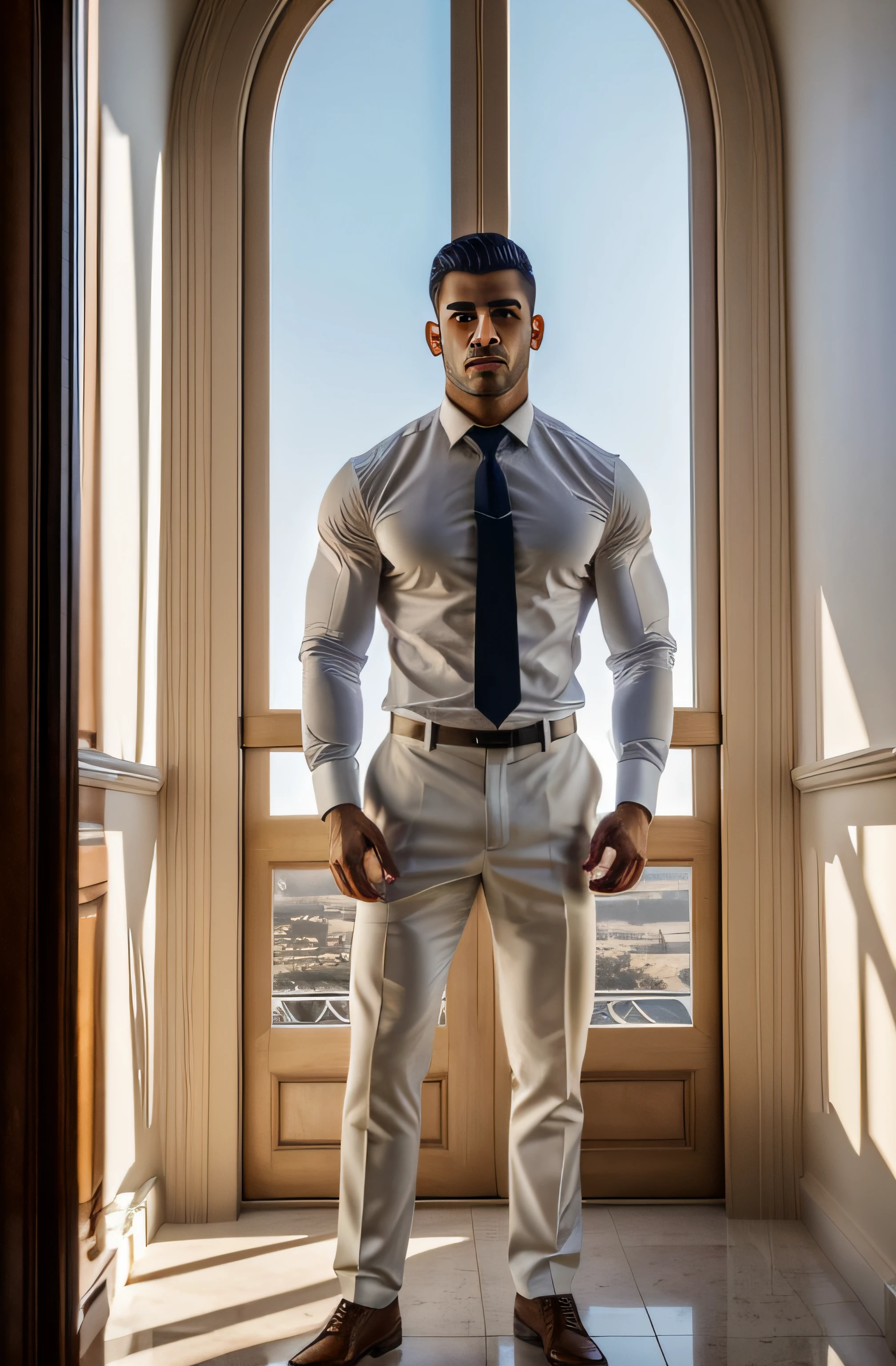 1man, a 20-year-old middle eastern muscular man, wearing a long-sleeved white shirt and tie, hands in trouser pockets, body structure correct, standing in front of a window, soft lighting, masterpiece, best quality, 8k ultra HD, DSLR camera, Midjourney and greg rutkowski's Fujifilm XT3 realistic painting art close up no background