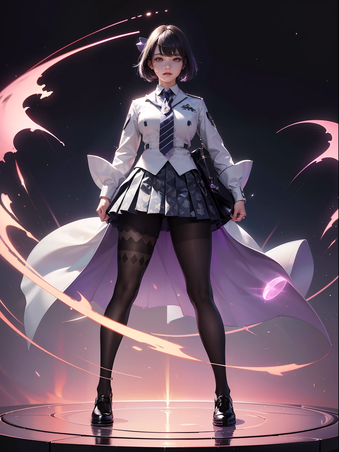 (full body:1.5),(1girl:1.3),(looking at viewer:1.4),(anatomy correct:1.3),(In the paradise of the day:1.3),(Wearing The Flash suit JK uniform printed Ultra short pleated skirt and JK uniform leather shoes with bow decoration ,and Very thick Printed Pantyhose :1.35), (Light particle effect:1.3),(In pink | amarelo | blue colors| green color |red colors | white colors| black in color| purpleish color| greys| Beige| Flesh color 1.4),(Glowing eyes:1.3),(Large amplitude action: 1.3),(Accurate and perfect face:1.4),(Clothing Gloss:1.25),(Skin reflection:1.25),hyper HD, Ray traching, reflective light,structurally correct, Award-Awarded, high detal, lightand shade contrast, Face lighting,cinmatic lighting, tmasterpiece, super detailing, high high quality, high detal, best qualityer, 16k,high contrast,