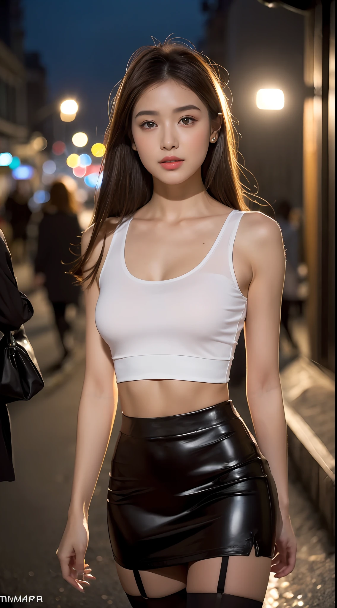 ((Realistic lighting, best qualtiy, 8K, tmasterpiece:1.3)), sharp fokus:1.2, 1girll, Beautiful woman with perfect body show:1.4, Slim abs:1.1, ((dark brown hair)), (White crop top:1.4,short skirt,black lence stockings),(exteriors,during night:1.1),the city street,Ultra-fine face,Fine eyes,二重まぶた。