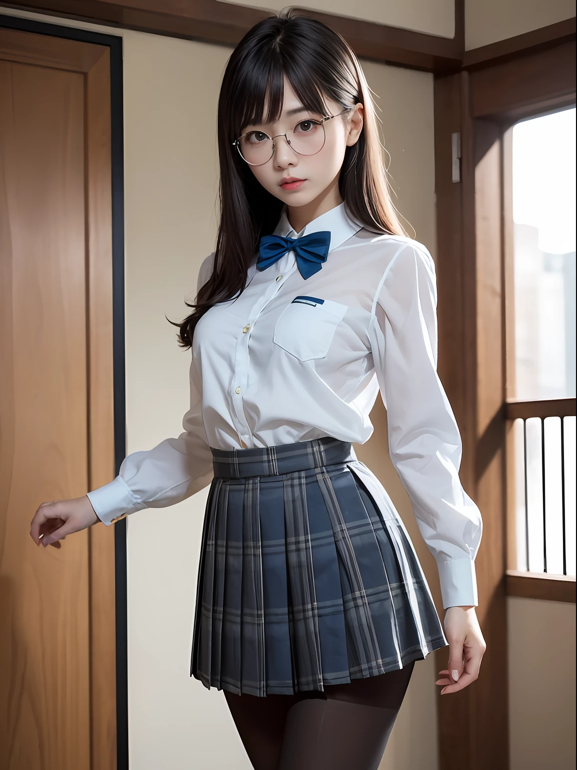 (Twin-tailed),(8K、Raw photography、top-quality、masterpiece:1.2),glamor,Chromo-white skin,cocky,School,watching at viewers,Looking at the front,Muchimuchi,Erotic,Pupils,(Light blue bra seen through the shirt),de pele branca,kne,((Black pantyhose)),absurderes,a small face,small tits,flat breast,Parting the bangs from the middle、Forehead visible,(a cold expression,Tight eyes,glares,Bullish,skinny,Rasping,irate)、masterpiece,top-quality、超A high resolution,Raw photo,ren,Beautiful fece,One Person, 独奏,eye glass,,Dark look,Small breasts,fullllbody,Round glasses,JK school uniform,hi-school girl,A Japanese Lady,is standing,(Photorealsitic:1.37)、Photon mapping,Realistic、Beautie,Cute little face,Brown-eyed、Black socks、(Red bow tie)、Radio City、Physically Based Rendering、depth of fields、Blurry background、a picture,Body,beauty legs, Long legs, Thin leg,(Bangs are visible), hair, s lips, Blue_The eye, nosesoft,(Light blue shirt), (Navy and blue and white plaid pleated skirt), Knees are visible,Sheer clothing,, Thigh, Black cotton socks,Nogizaka Idol, 女優, Japanese ido