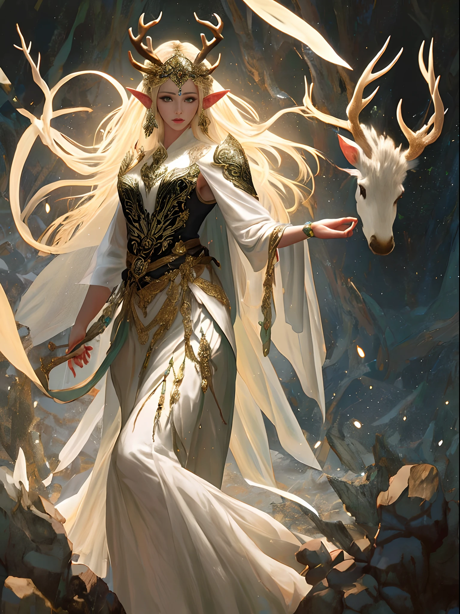 female elf, em vestido ornamentado, cabelos brancos, orelhas pontudas, deer antlers on his head, Age of the elven dragon goddess, corpo perfeitamente proporcionado, flores, folhas, cervo branco, oniluz, floresta, dramatic light, Cinematográfica Ross Tran, Wlop, detalhe intrincado, fundo escuro, HD,