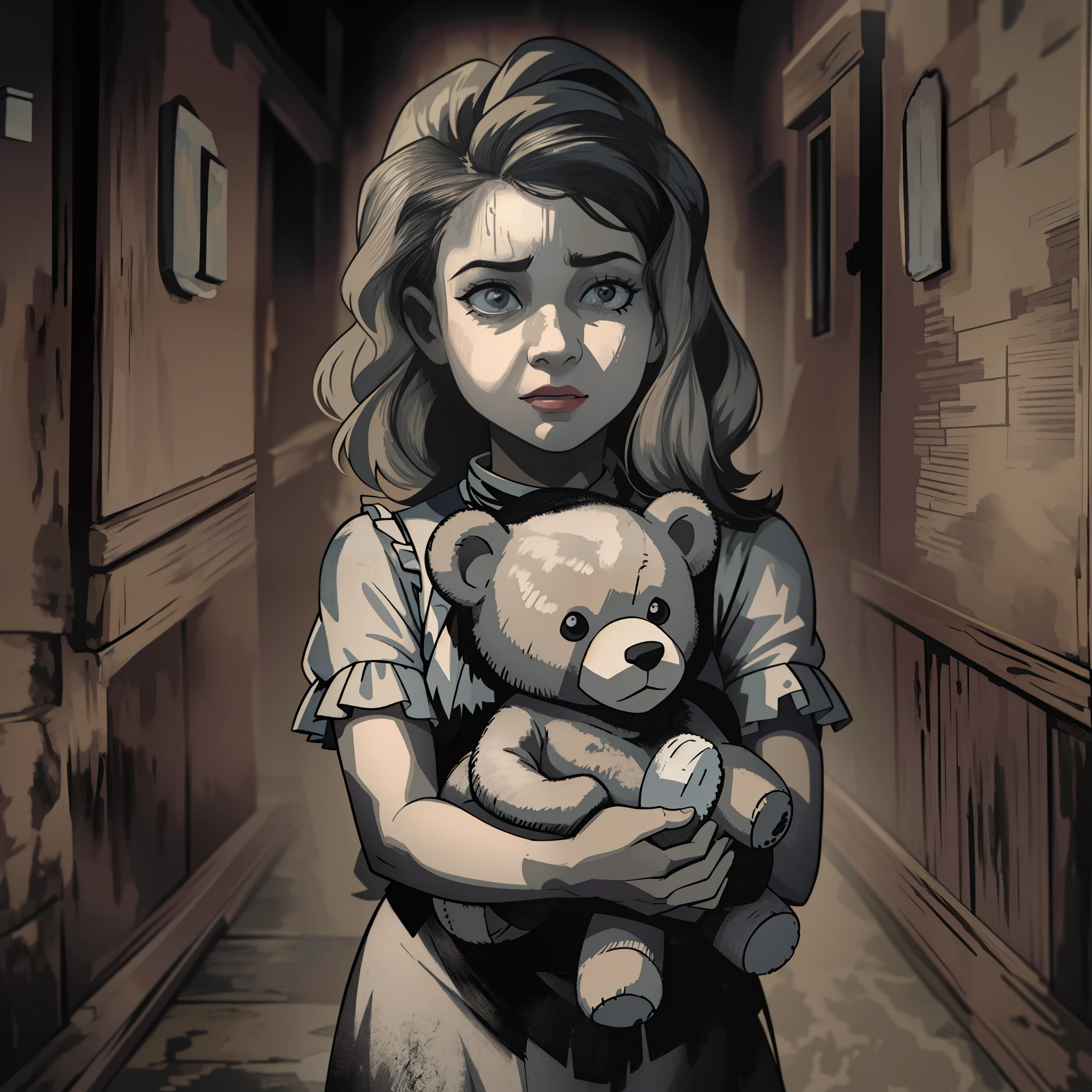 Uma imagem pro e branca de Uma bela garotinha em um corredor escuro, holding a teddy bear, with a facial expression of fear, Antique illustration styleblack and white, bem detalhado, perfect strokes, Grunge-style scenery in the background, pose de lado