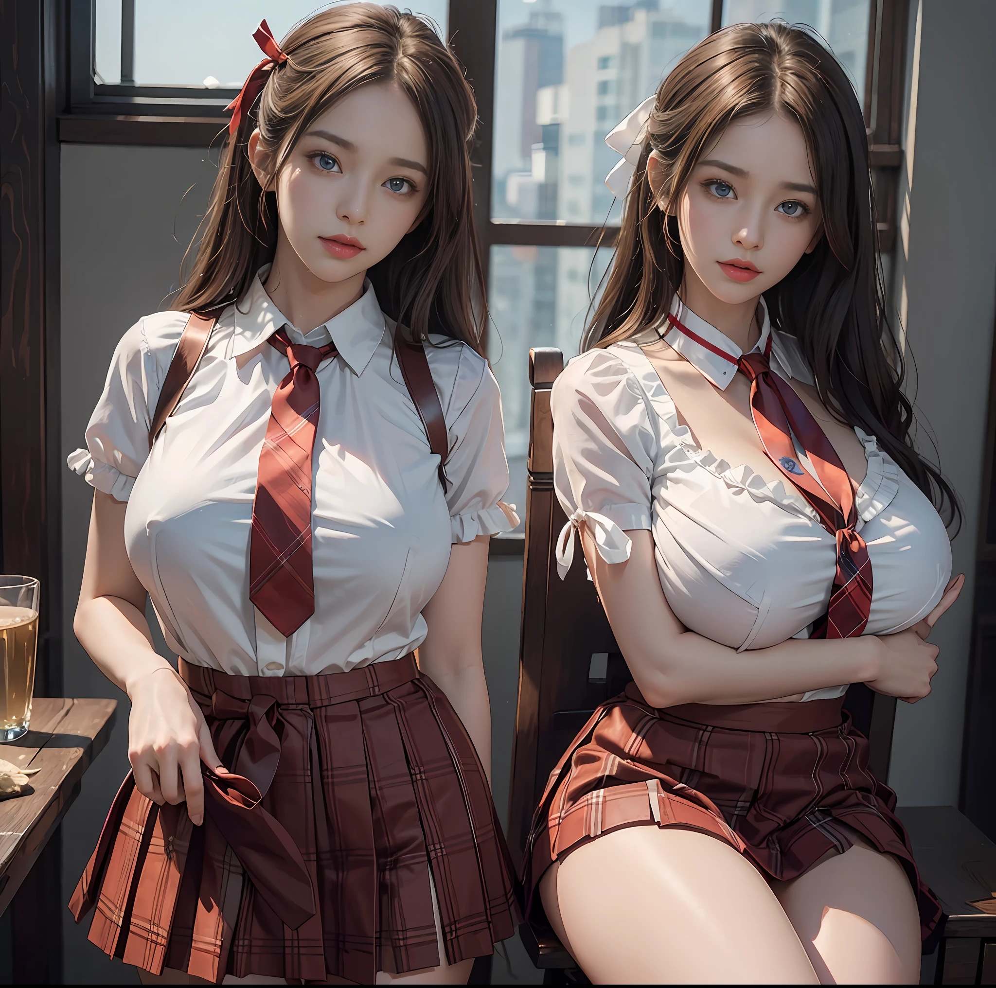 (top-quality、masterpiece)、(Realistic lighting with shadows)、elegent、A hyper-realistic、Stylish, canny, traditional, artistic, intricate detailes、(Perfect anatomical depiction of the human body)、1 girl in, ( Huge breasts :1.5), She is a age girl、Beautiful bright blue eyes are narrowed、Small lips without lipstick、Brunette hair fluttering in the wind、She has half-up hair shining in the backlight of the setting sun, Eta、She is a schoolgirl summer outfit、 The skirt is a pleated mini tartan plaid、(Neat white blouse:1.5)、 (Crimson Ribbon Tie:1.5), (tightly closed from the neck to the skirt and the skin is not visible:1.5), So the girl's breasts are not exposed at all.、Very large breasts are very cramped.、 The figure of the woman posing is very beautiful、Looks like a school goddess、It is a photo taken with a cute expression with narrowed eyes as if a wonderful flower is blooming in front of you..........。perfect anatomia, A detailed face, close up of face, irene1