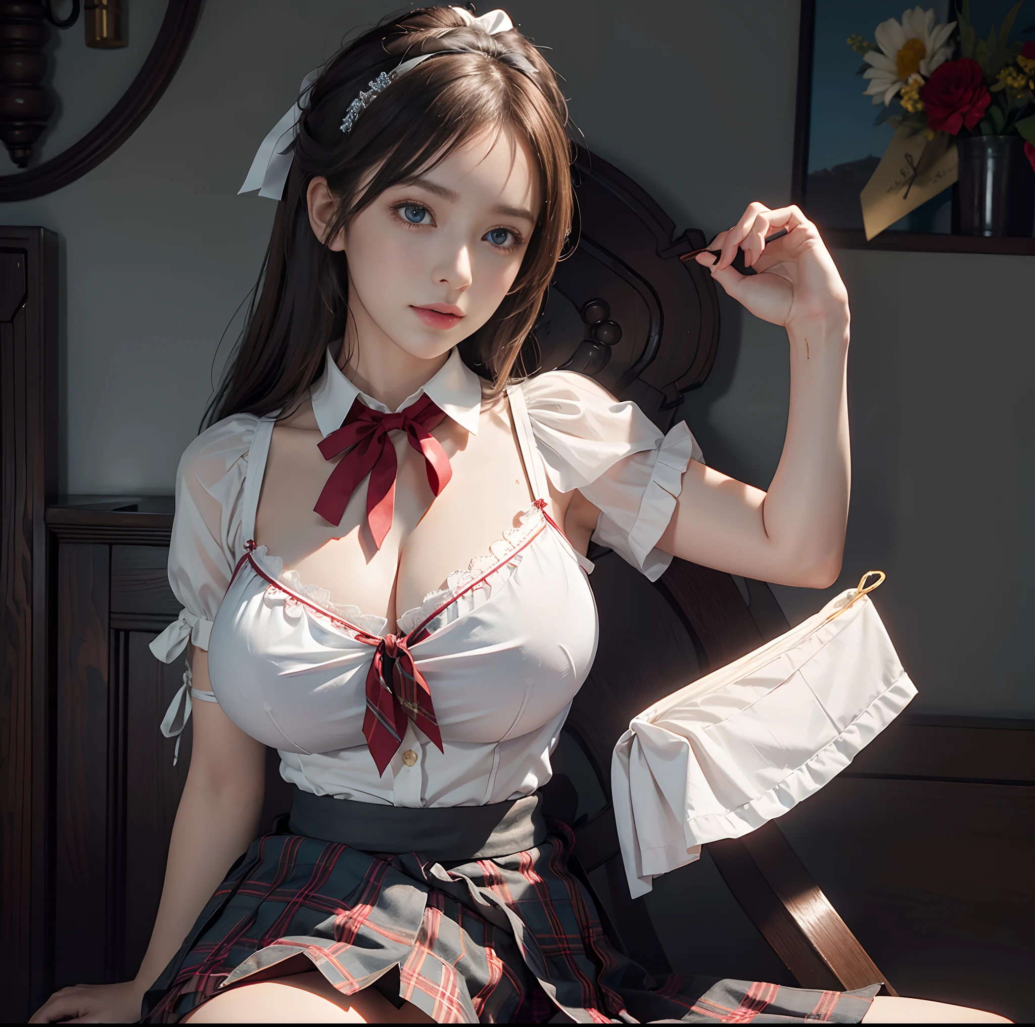 (top-quality、masterpiece)、(Realistic lighting with shadows)、elegent、A hyper-realistic、Stylish, canny, traditional, artistic, intricate detailes、(Perfect anatomical depiction of the human body)、1 girl in, ( Huge breasts :1.5), She is a teenage girl、Beautiful bright blue eyes are narrowed、Small lips without lipstick、Brunette hair fluttering in the wind、She has half-up hair shining in the backlight of the setting sun, Eta、She is a schoolgirl summer outfit、 The skirt is a pleated mini tartan plaid、(Neat white blouse:1.5)、 (Crimson Ribbon Tie:1.5), (tightly closed from the neck to the skirt and the skin is not visible:1.5), So the girl's breasts are not exposed at all.、Very large breasts are very cramped.、 The figure of the woman posing is very beautiful、Looks like a school goddess、It is a photo taken with a cute expression with narrowed eyes as if a wonderful flower is blooming in front of you..........。perfect anatomia, A detailed face, close up of face, irene1