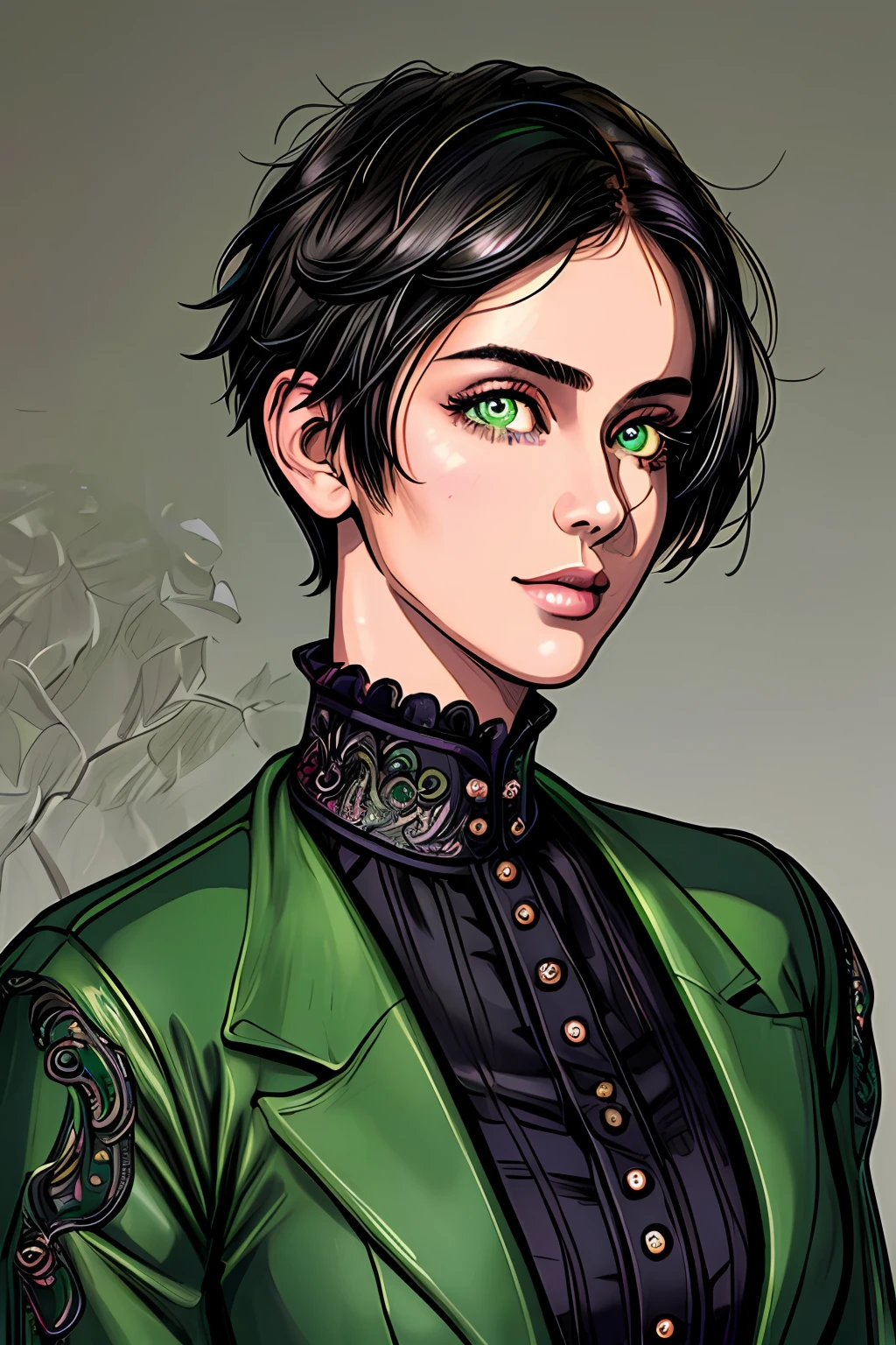 (masterpiece), (best illustration), 1girl, solo, short shaved hair, black hair, vivid green eyes, punk outfit, depth of field, solo, extreme light and shadow, masterpiece, rich in detail, (fine features), (high quality), (masterpiece), (detailed eyes), (beautiful) detailed, beautiful detailed eyes, upper body, (close up), (extremely detailed digital art wallpaper), (masterpiece), (best quality), (ultra-detailed), (best illustration), (best shadow), perfect lighting, vivid colors