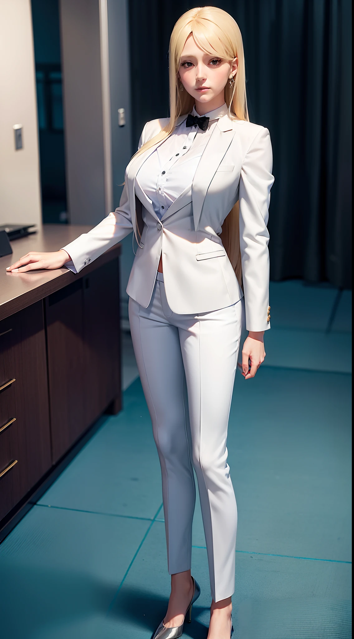 charlotte from black clover anime, blonde hair, long hair, hair tie, pretty, beautiful woman, standing, perfect body, full body, looking at viewer, in formal clothes, in white shirt, in blue blazer, in trousers white, wearing watch, wearing earrings, in office, in workspace, hd quality, 8k, conon photo, photo realistic, stylish realistic, good lighting.