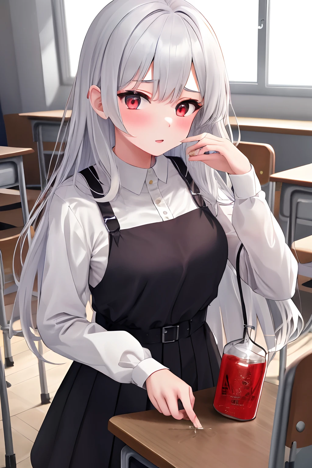 1girll，white color hair，red color eyes，Be red in the face，is shy，Holding urine，JK Maiden，‎Classroom，