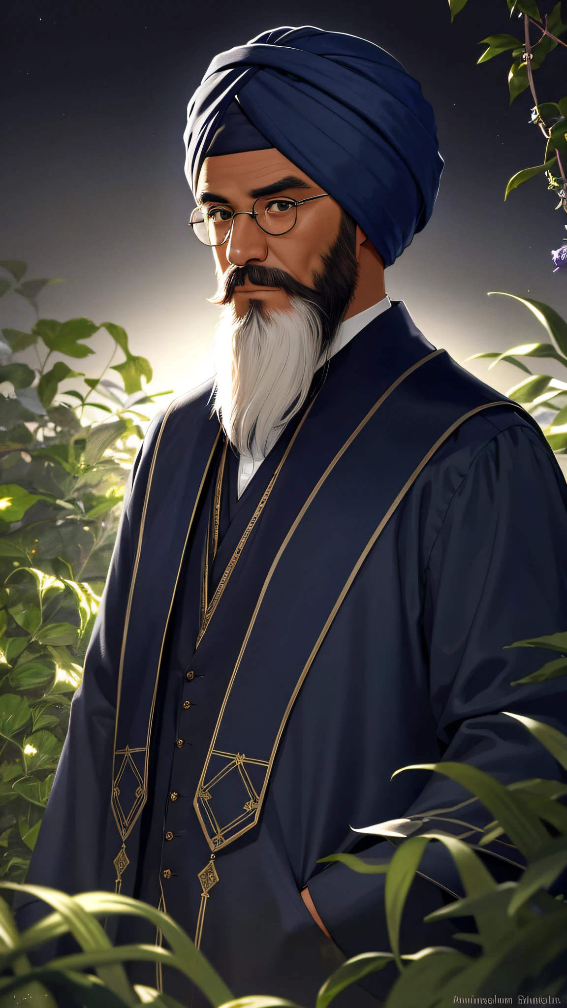 Masterpiece, best quality, 1man, male, close-up, (man, long beard, old man), solo, upper body, (tan, dark skin, turban, small round glasses:1.4), white open collared shirt, serious, furrowed brow, looking away, (dark, dimly lit:1.2), jungle, trees, ferns, bushes, flowers, vines, night, moonlight, blue lighting, dark robes, gold trim, hyperrealistic, detailed background, depth of field, rimlighting, specular highlights, bloom, atmospheric lighting
