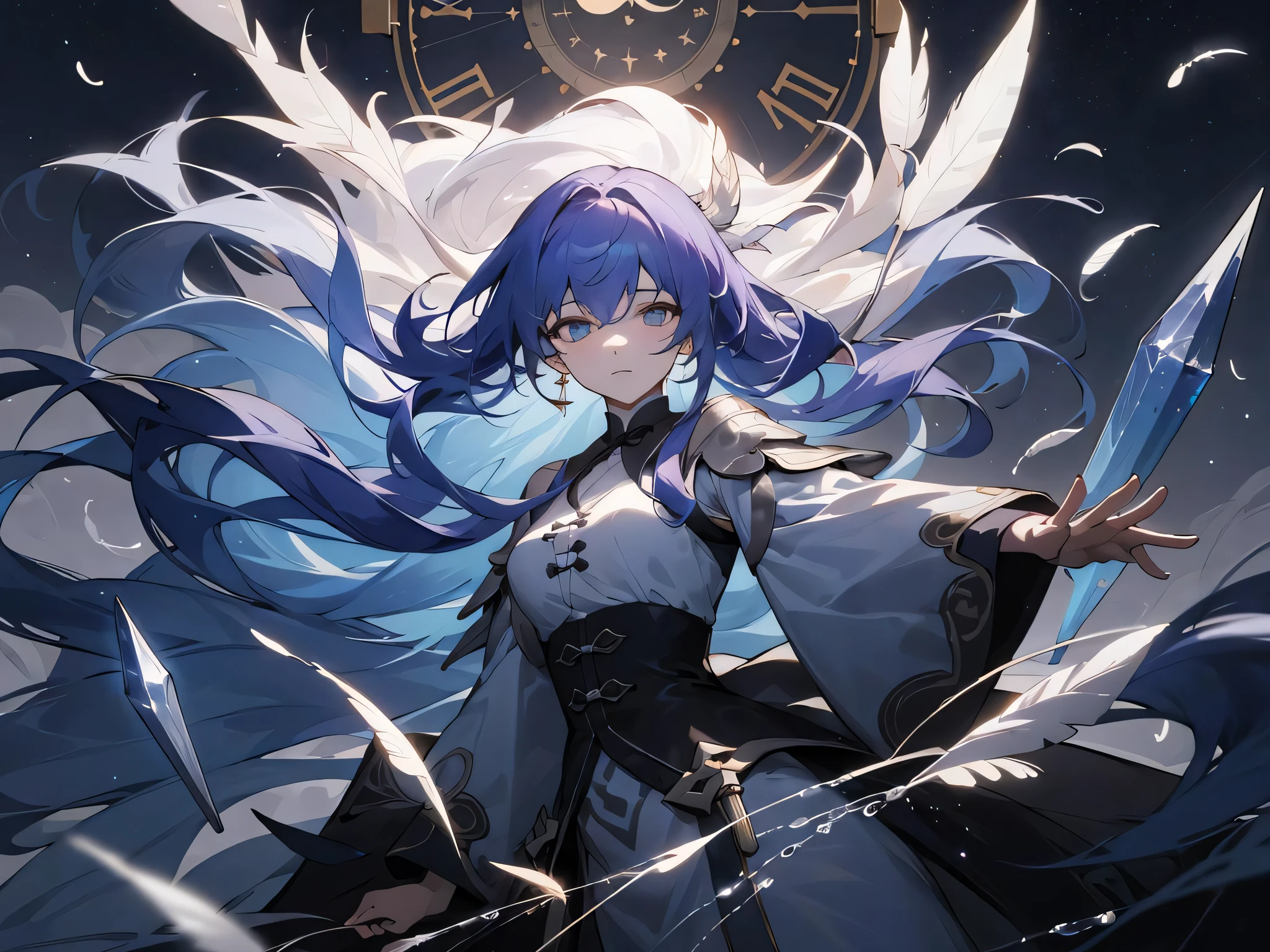 8k Wallpaper,grand,(((masterpiece))), (((best quality))), ((ultra-detailed)), (illustration),dynamic angle, 1girl,moqingxian,flower,expressionless,beautiful detailed sky, a lot of glowing particles,  feather, Galaxy, dramatic angle,looking_at_viewer,  [[[starry sky]]], {{dusk_sky}}, {{Floating light spot}}, {{Lots of feathers}},[((crystal)) :dragon:0.8],((break out)),(floating water:1.2),clock,
 Starry sky adorns hair, depthoffield