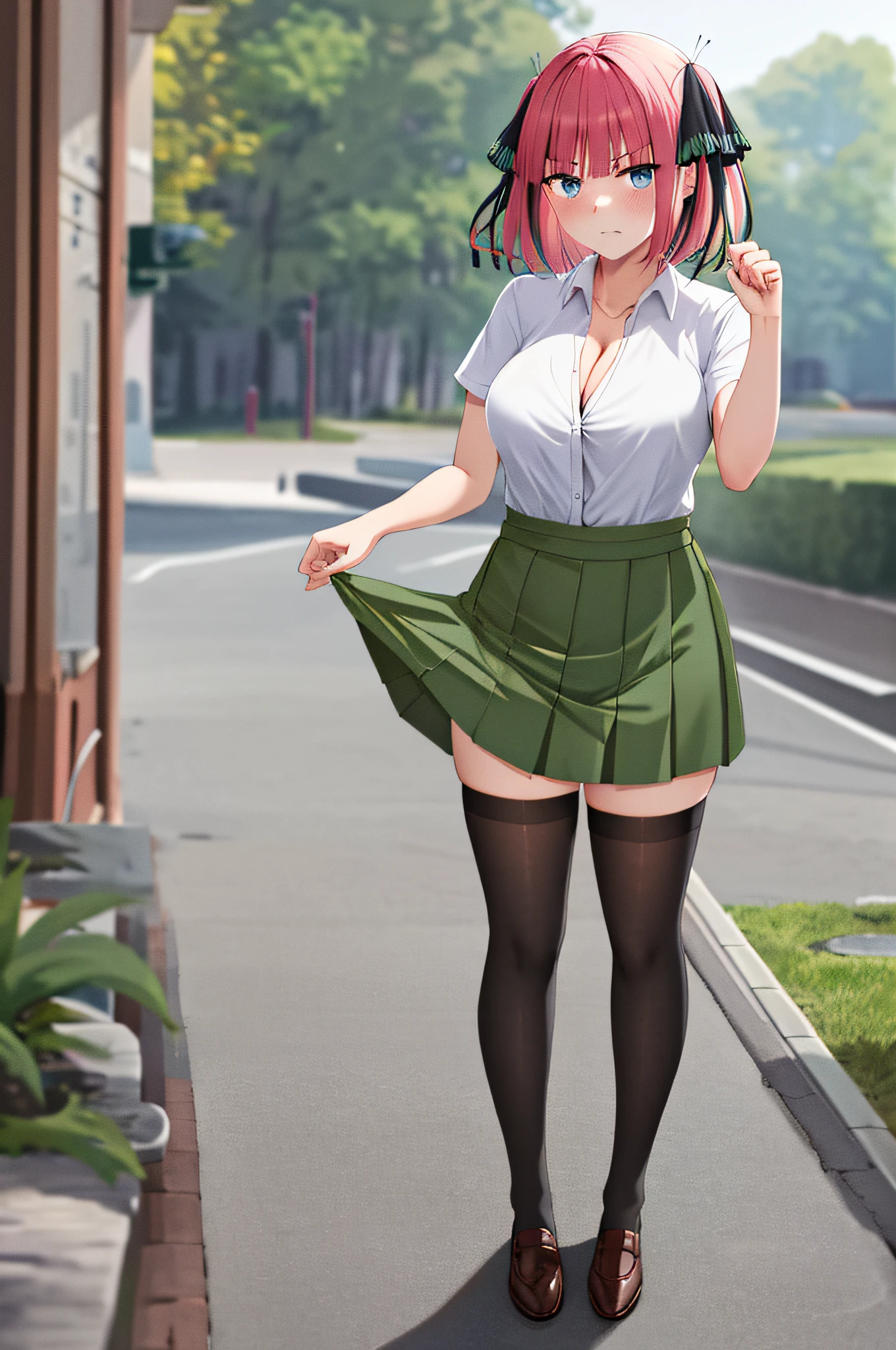 masterpiece, best quality, highres, nn1, 1girl, hair ribbon, short hair, large breasts, cleavage, green skirt, white shirt, collared shirt, open clothes, black thighhighs, short sleeves, skirt lift, annoyed, blush, full body, standing,