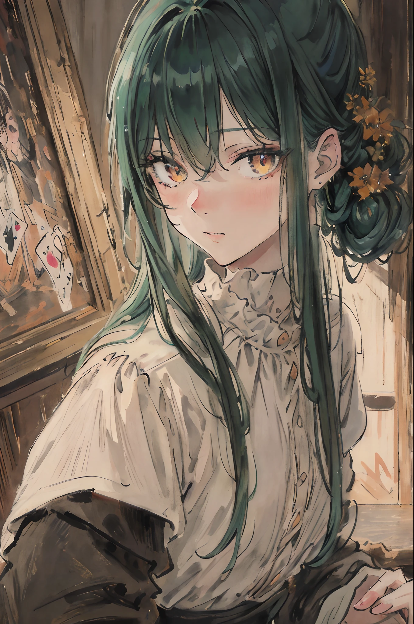 masterpiece, best quality, an extremely delicate and beautiful girl,an extremely delicate and beautiful, world masterpiece theater, ultra-detailed, highly detailed, best quality, Dark green hair, highres, extremely detailed, 1 girl, best quality, illustration, looking at viewer, impasto, canvas, oil painting, realistic, realist ,real, the left eye has all colors, the right eye is amber, Holding a plus has four cards