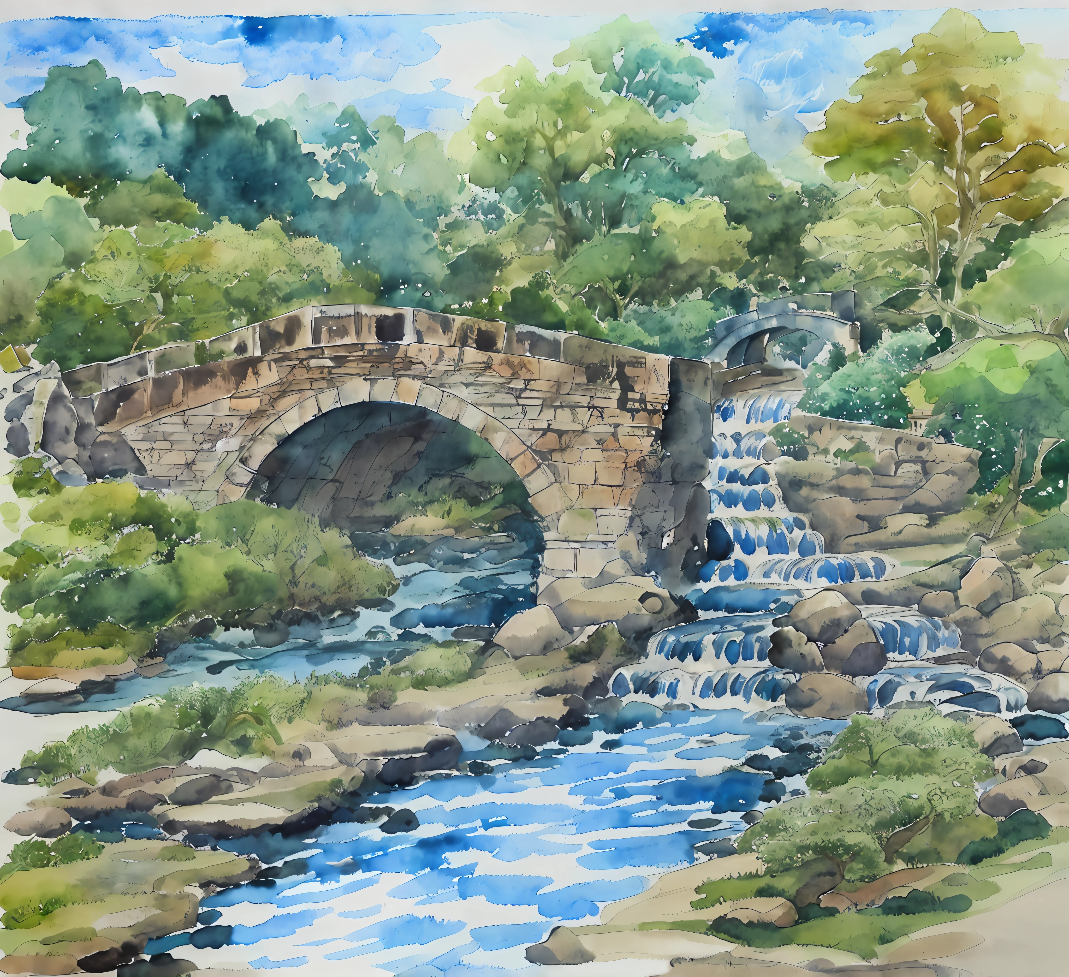 Draw a bridge over the stream,In the foreground is a house with green smoke, Brook Stone Bridge, watercolor colored painting, Water painting, Stone bridge, detailed watercolour, fairyland bridge, Watercolor painting, john park, detailed watercolor, Watercolor painting style, a watercolor painting, Watercolor landscape, old stone bridge over the creek, beautiful artist rendering, watercolor detailed art, masterful detailed watercolor
