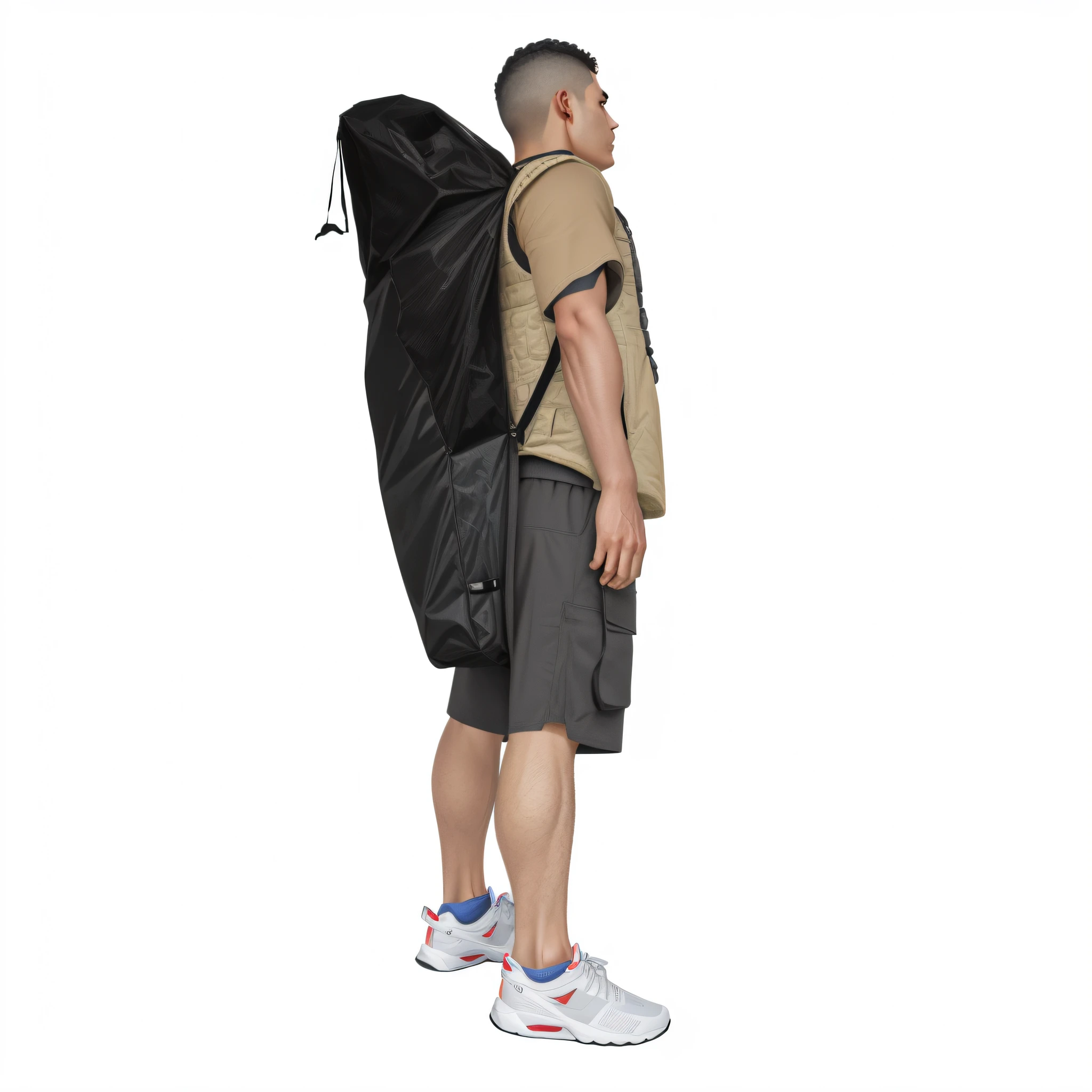 An Alafard man standing with a backpack on his back to the camera, carrying big sack, full - length view, a man wearing a backpack, with a backpack, Side shot, the man have a backpack, full height view, bottom angles, full body wide shot, model is wearing techtical vest, high detailed photography cape, distant full body view, Black travel cape