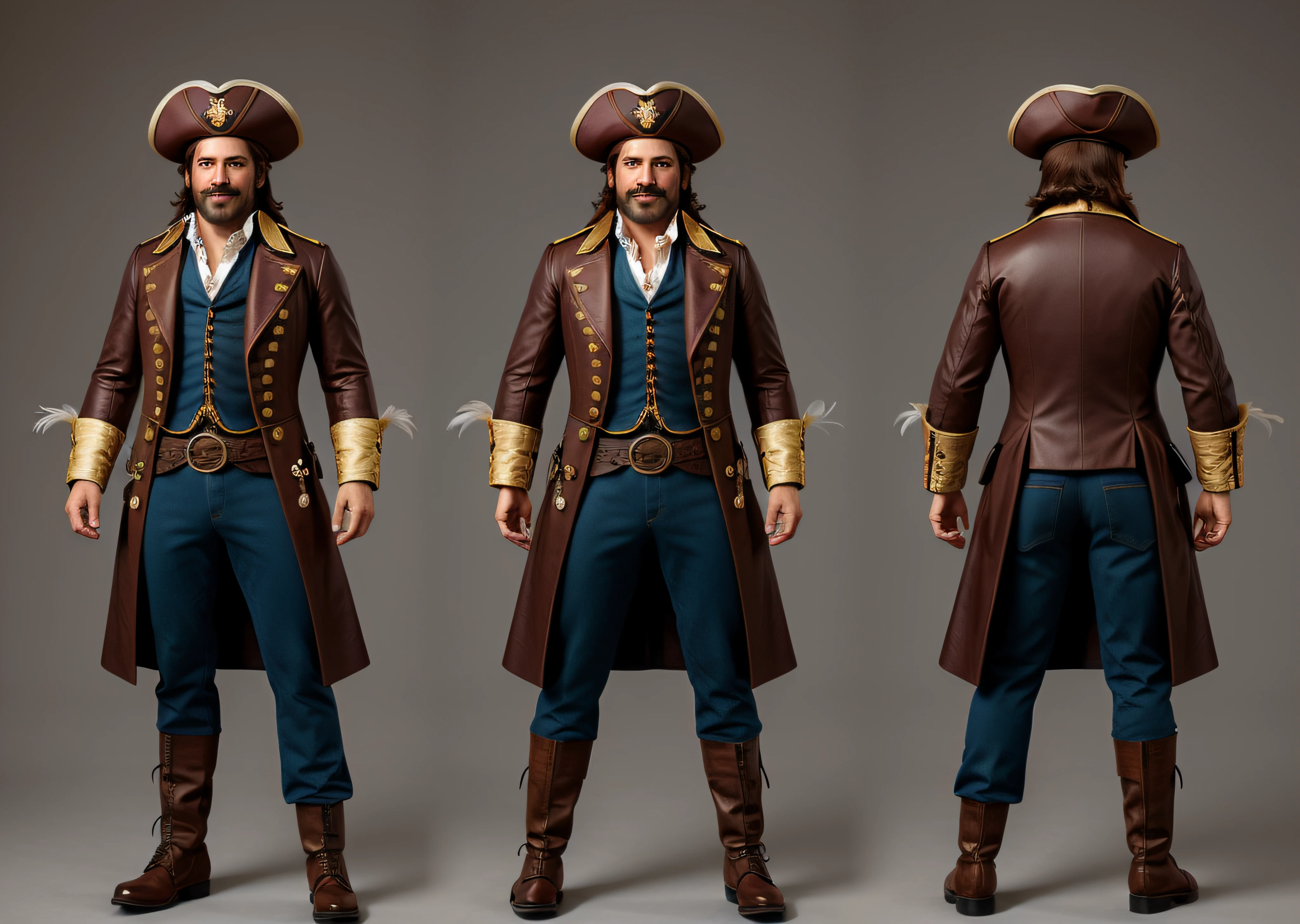 A photographic style character turnaround of a an 1800's flamboyant pirate captain with a big feather in his hat and a peg leg. Parrot, eyepatch, mustache, grin, highly detailed face. Multiple views of the same character in the same outfit, (15Charturn_longCap_D: .5), art by smoose2, ANALOG STYLE, MODELSHOOT STYLE, NSFW, NUDITY