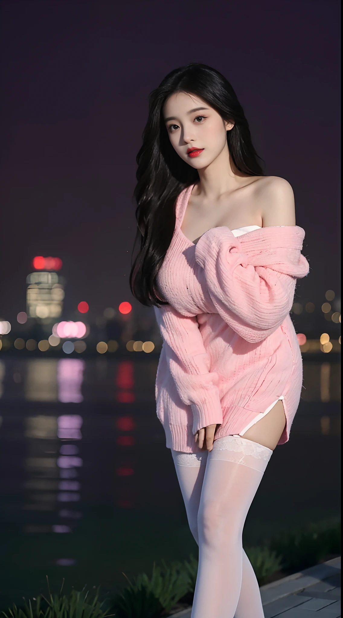 A perfect young female white-collar worker,Chinese big breasts,High picture quality,Works of masters,Black hair,Long hair shawl,Long hair flowing over the shoulders,cropped shoulders,鎖骨,exquisite face,Hydrated red lips,Pink shirt,Banzoe bartic(show legs),Hosiery,white stockings,Mannequin,model photography,Real Persono,Hangzhou West Lake background,CG rendering,16k,Stand up,The night view was beautiful,((Hide your hands,Do not show your hands)),Do not show your hands,Close-up shot