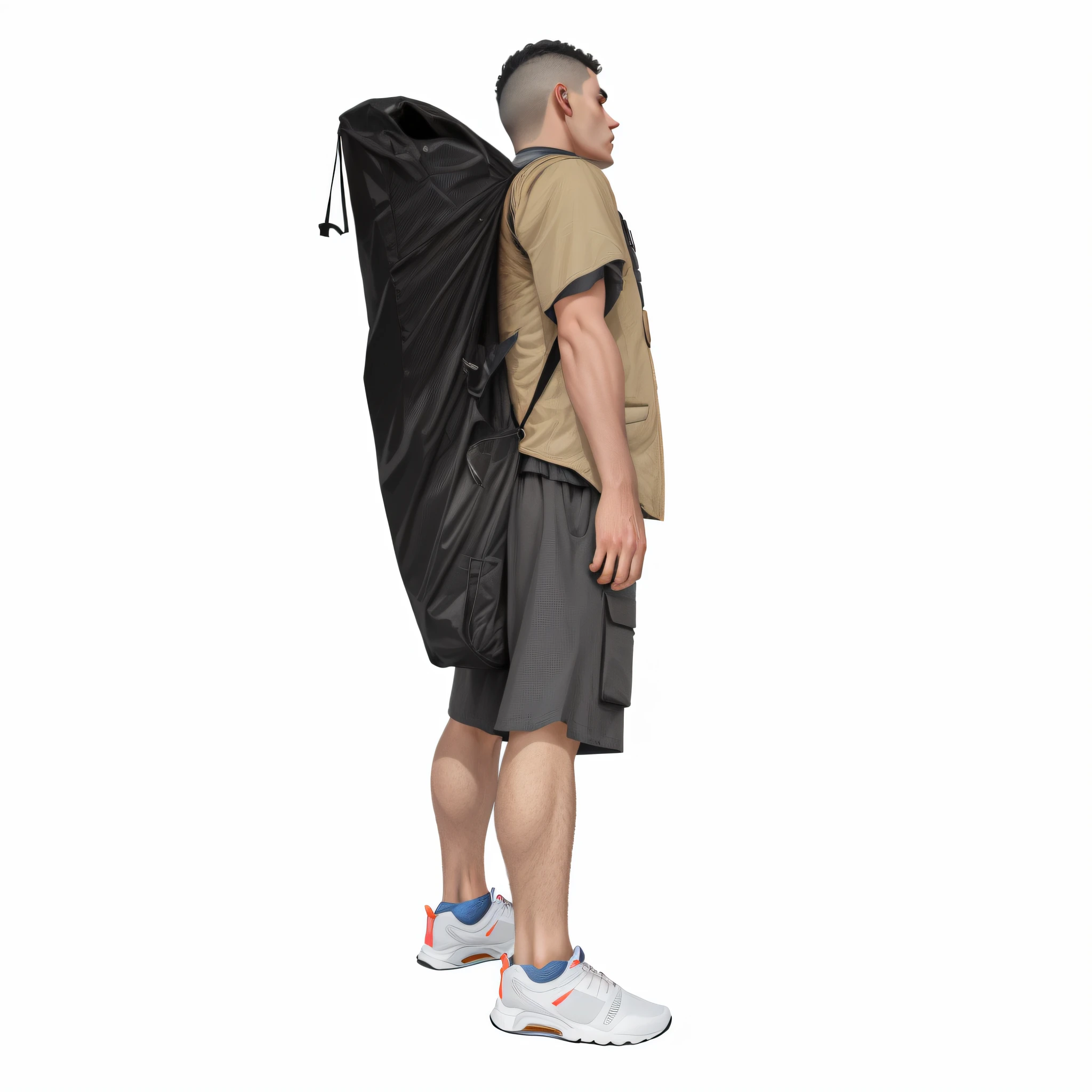 An Alafard man standing with a backpack on his back to the camera, carrying big sack, full - length view, a man wearing a backpack, with a backpack, Side shot, the man have a backpack, full height view, bottom angles, full body wide shot, model is wearing techtical vest, high detailed photography cape, distant full body view, Black travel cape