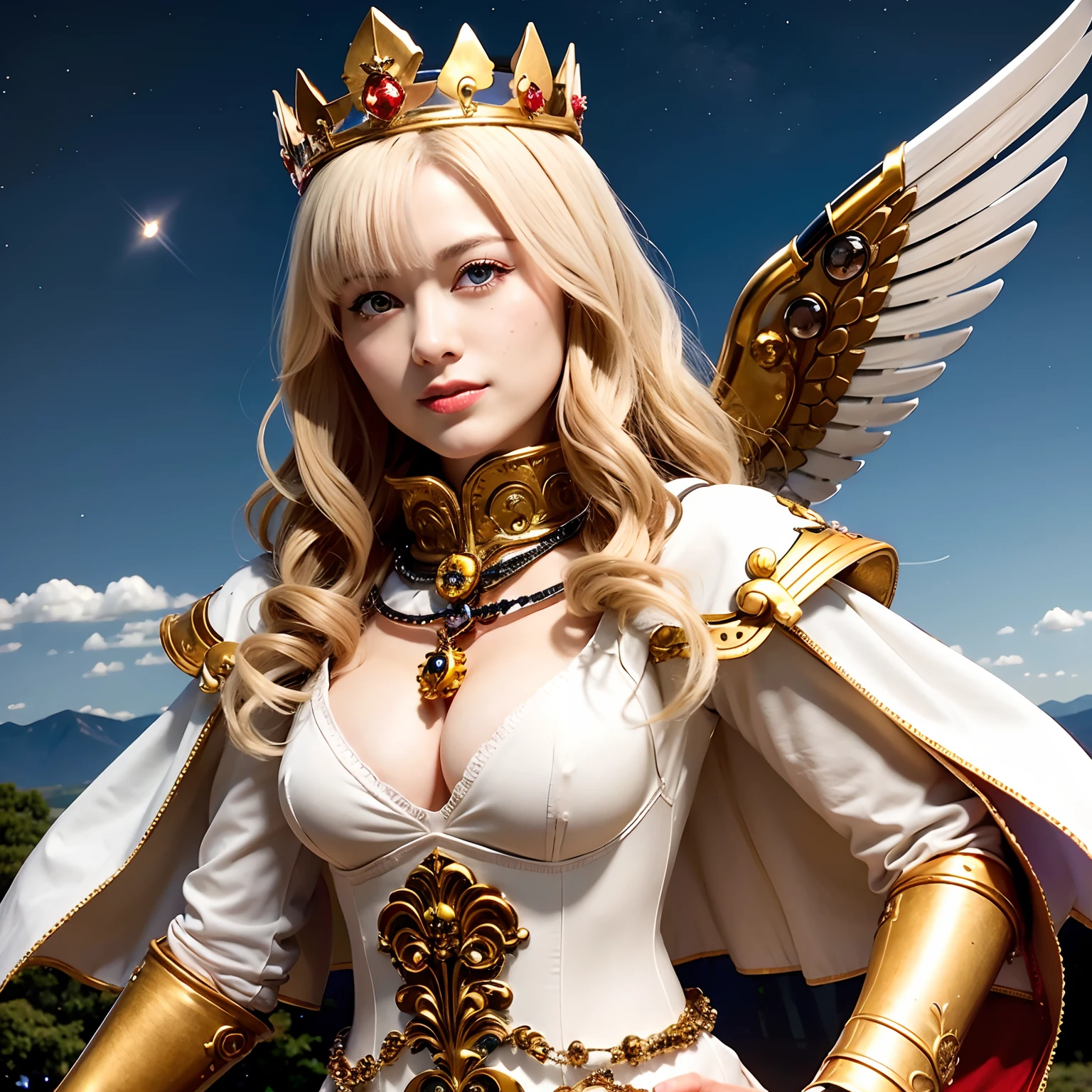 (masutepiece), Professional , masterpiece、top-quality、photos realistic , depth of fields (Gemstone Silver Metal Body:1.9),(Matte White、Particles of light、Jewel Gold Weapon、(Flying in the sky),Gorgeous metal weapons,(Detailed and realistic angel white wings) , Detailed Sword of the Brave , Beautiful knife 、delicated face、20 years girl ,warhammer 40k , adepta sororitas,Detail and ornate jewel crown、Blonde、Gangle's forest background、Beautiful Caucasian beauty、1a person、dynamic ungle,(((Detailed and ornate diamond crown)))、Smaller head、A smile、Powerful poses、(Gorgeous castle background)、Beautiful thin fingers of a woman、Seductive look、