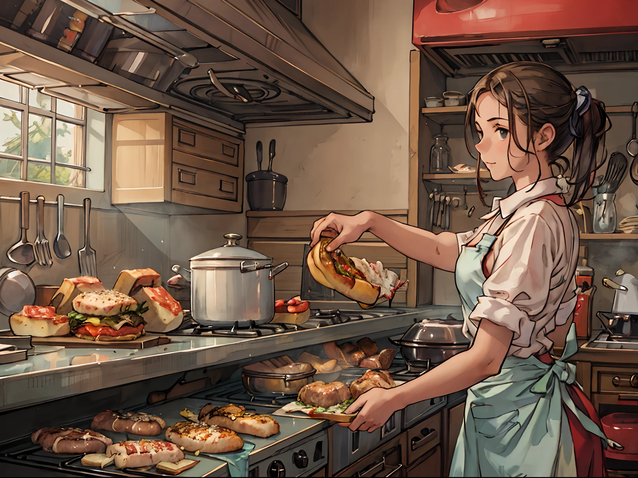 Teenage woman in apron in kitchen、In a sophisticated atmosphere、It depicts him cooking hamburgers and Italian food well..。Her culinary sense and mature approach stand out
