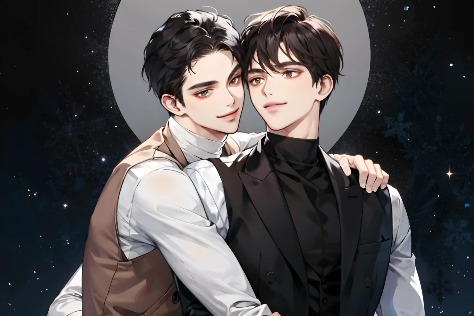 masterpiece, best quality, 2others, couple, 1 man with 1 man, couple, modern, master, hugging, black hair brown eyes, turtleneck, cool, different color, simple background, half person, smile, happy, love, cute, gray background, sizes, black vest or gile shirt