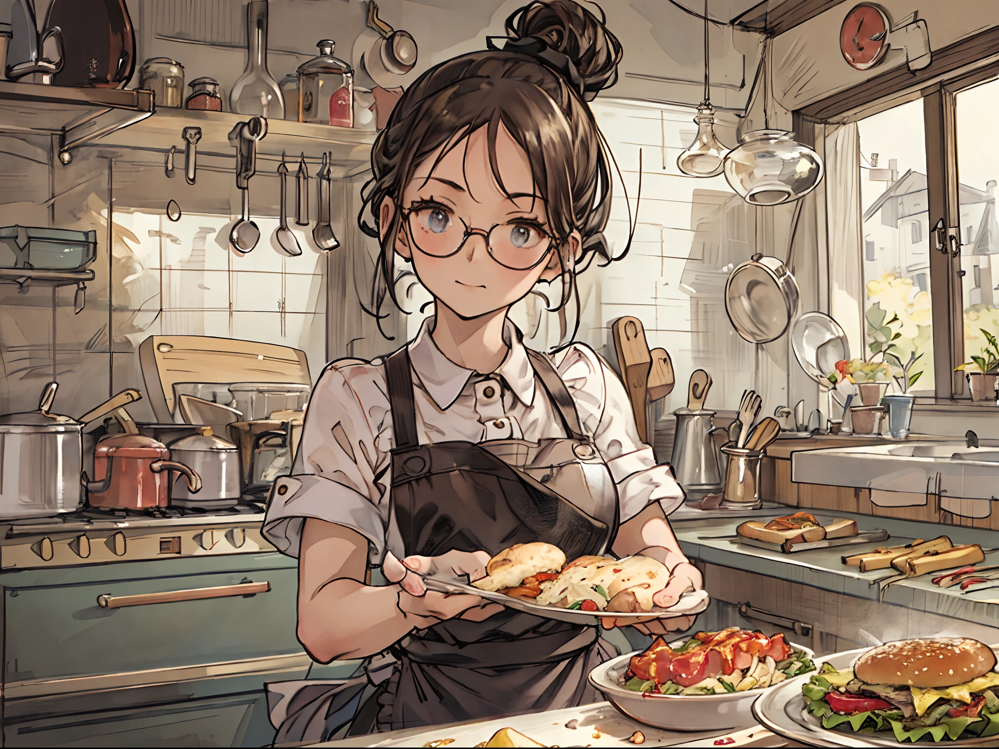  woman in apron in kitchen、In a sophisticated atmosphere、It depicts him cooking hamburgers and Italian food well..。Her culinary sense and mature approach stand out