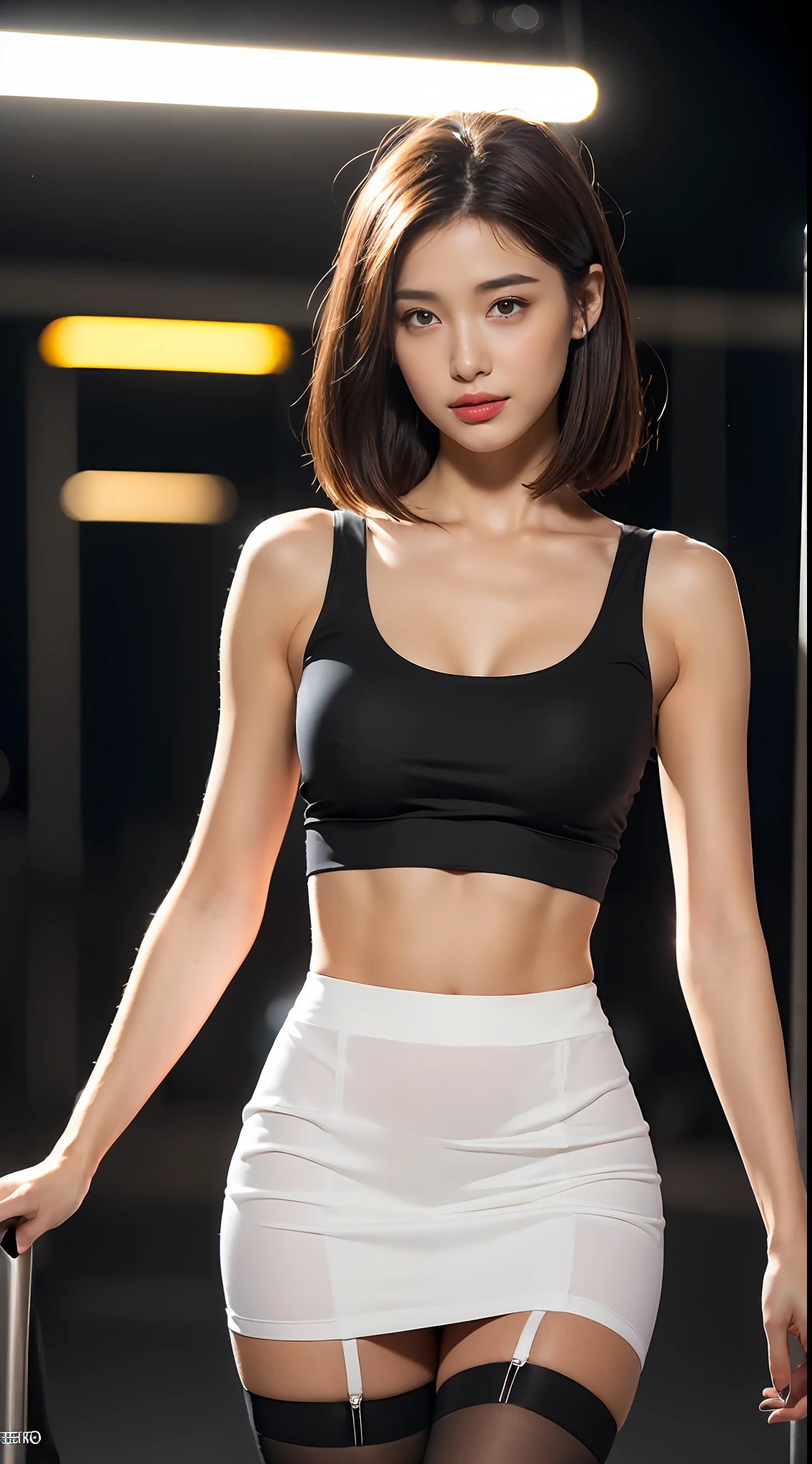 ((Realistic lighting, best qualtiy, 8K, tmasterpiece:1.3)), sharp fokus:1.2, 1girll, Beautiful woman with perfect body show:1.4, Slim abs:1.1, ((dark brown hair)), (White crop top:1.hort skirt,black lence stockings),(exteriors,during night:1.1),the city street,Ultra-fine face,Fine eyes,二重まぶた。