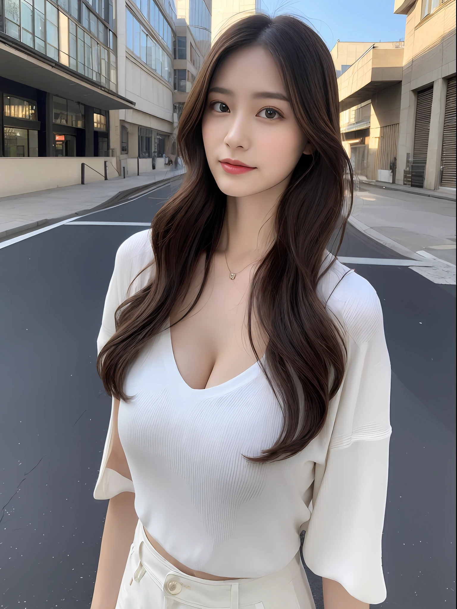 1 girl in, (Best Quality, High resolution, masutepiece :1.3), A tall and pretty woman, Slender Abs, Dark brown hair styled in loose waves, Large breasts, (no-bra), (cleavage of the breast), (Nipples are see-through), wearing pendant, (White T-shirt), Belt bag, denim, (Modern architecture in background), Details exquisitely rendered in the face and skin texture, Detailed eyes, 二重まぶた
