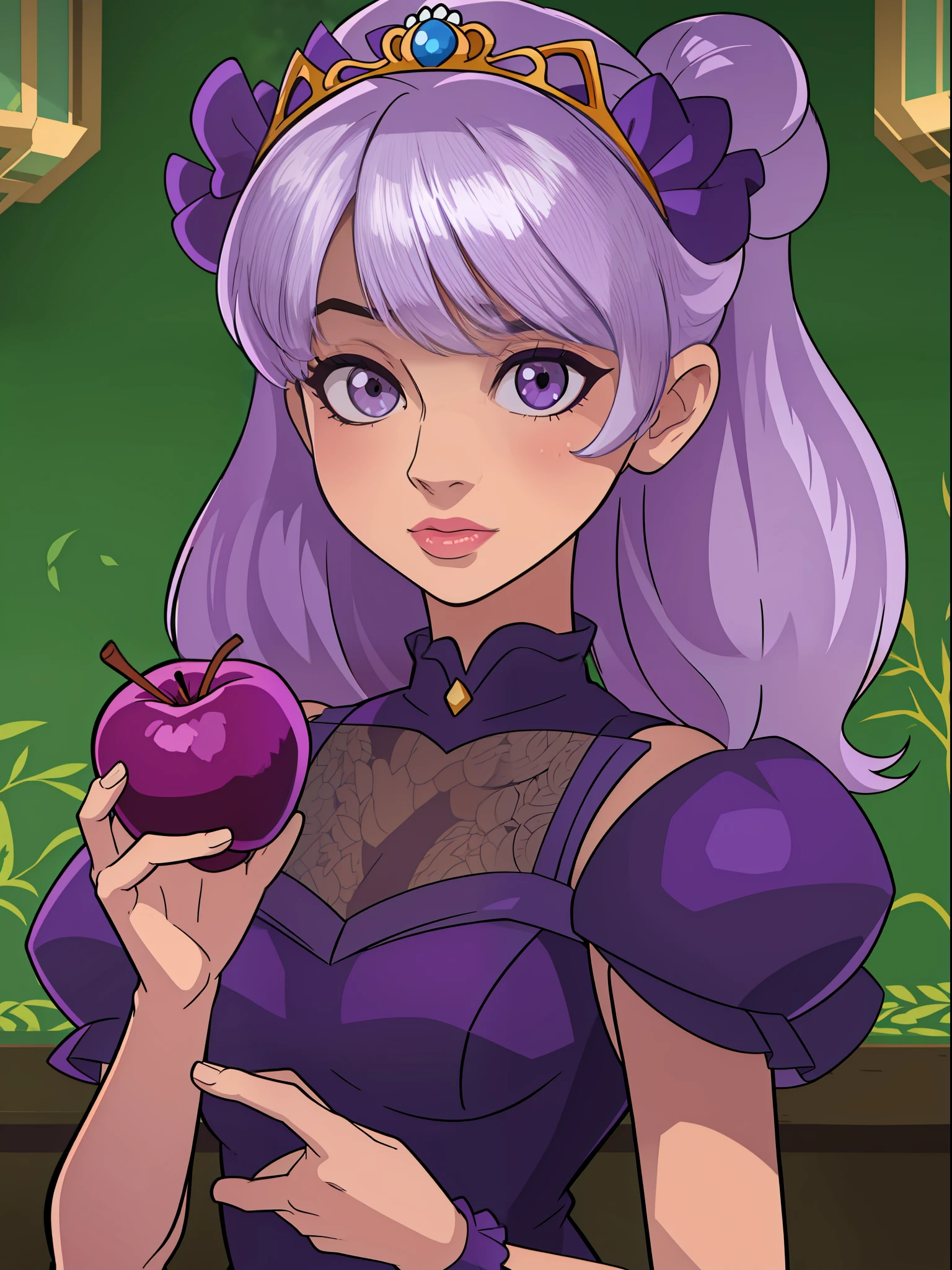 A princess in a dark purple dress, silver hair, holding a black apple, well-detailed Cartoon style, perfect features