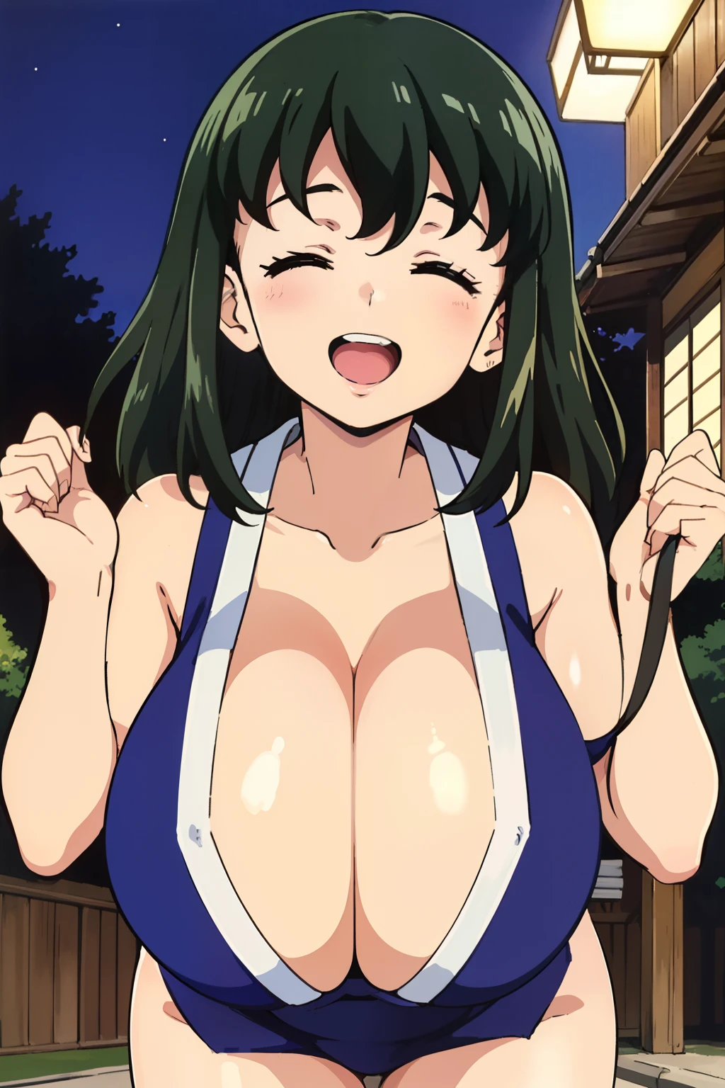 Suma_(Demon_Slayer), best quality, ultra-detailed, high resolution, (cleavage, huge breasts, hanging breasts:1.3), black hair, blue japanese clothes, revealing clothes, (1990s \(style\),retro artstyle,1990s anime cels style), japan, traditional, outdoors, looking at viewer, sideboob, smile, closed eyes, open mouth, from front, night, (leaning forward)