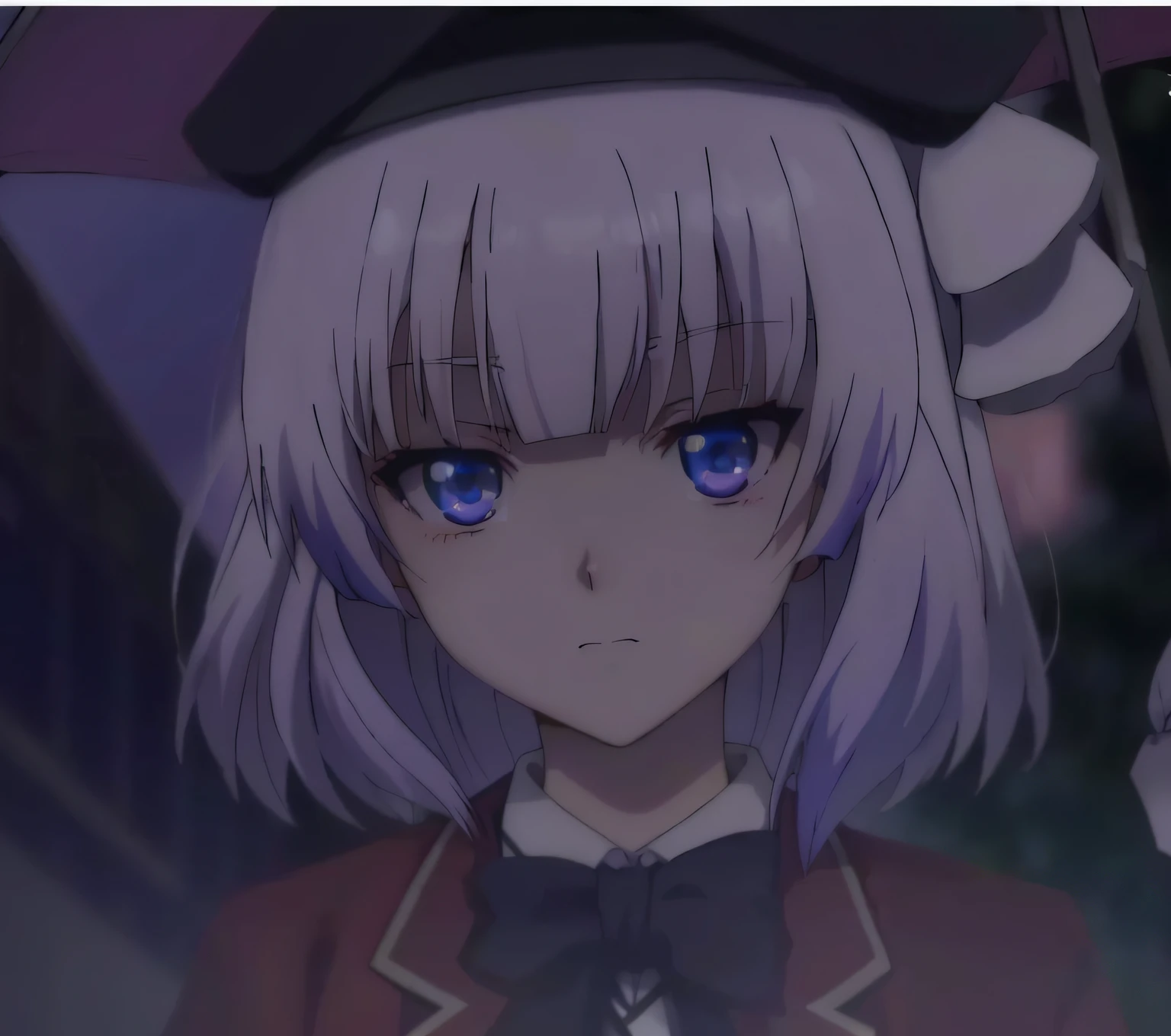 Anime girl with white hair and blue eyes holding umbrella, screenshot from the anime film, screenshot from guro anime, anime style like fate/stay night, animated still, still from tv anime, screenshot from a 2012s anime, 2 0 1 9 anime screenshot, noire moody scene, from girls frontline, tired and haunted expression, anime screenshot，Sakayanagi Arisu