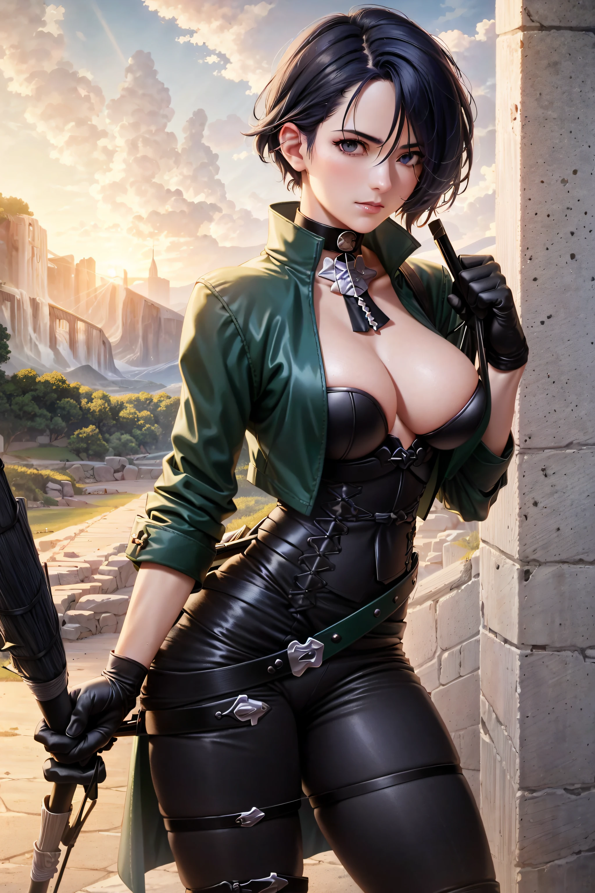 shamir, black gloves, adult woman, tall, (masterpiece:1.3), perfect lighting, ultra high quality cg, best quality, perfect image, solo, 1girl, shamir, outdoors, stables, cowboy shot, detailed background, small breast, boots, bow \(weapon\), holding,  holding bow, quiver,  green jacket, perfect face