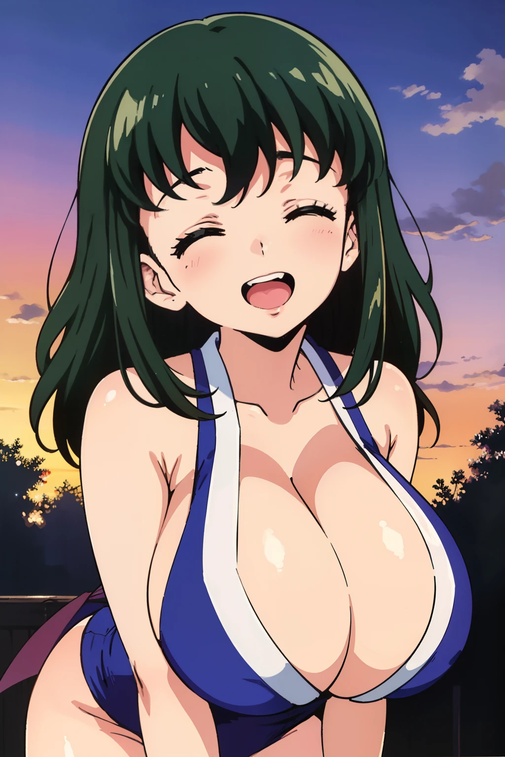 Suma_(Demon_Slayer), best quality, ultra-detailed, high resolution, (cleavage, huge breasts, hanging breasts:1.3), black hair, blue japanese clothes, revealing clothes, (1990s \(style\),retro artstyle,1990s anime cels style), japan, traditional, outdoors, looking at viewer, sideboob, smile, closed eyes, open mouth, from front, night, (leaning forward)