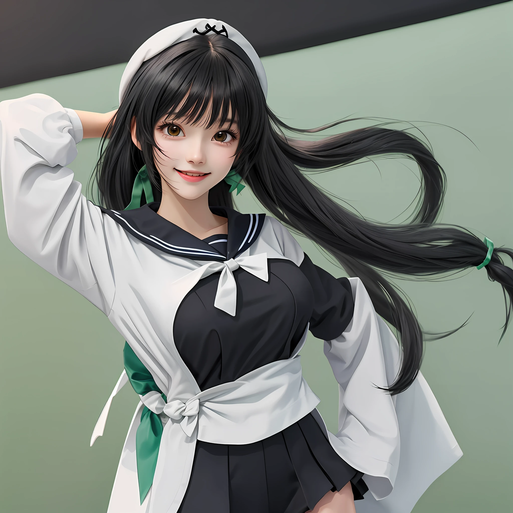 cute girly,black color hair,dual horsetail,Flat coating,green bow,quadratic element,anime big breast,highly accurate,Happy expression,a sailor suit